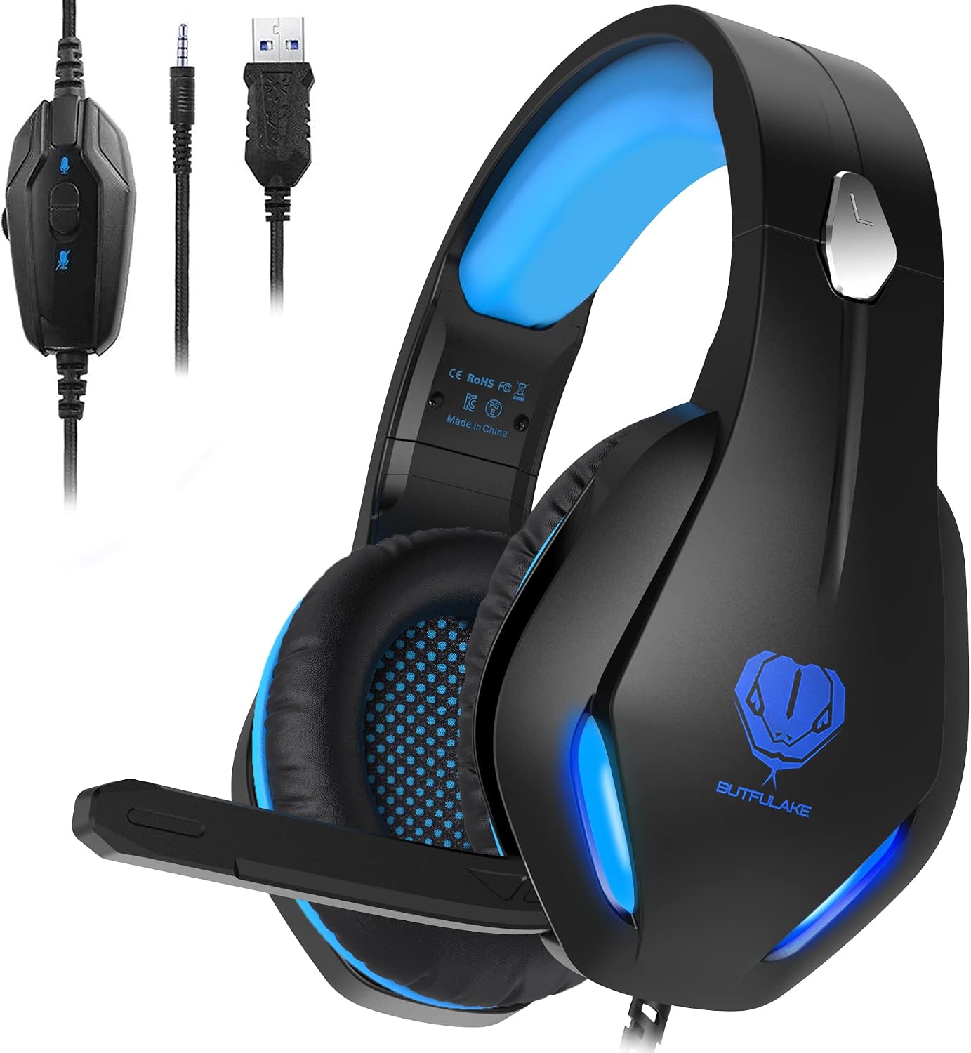 Headsets for Xbox One, PS4, PC, Nintendo Switch, Mac, Gaming Headset with Stereo Surround Sound, Over Ear Gaming Headphones with Noise Canceling Mic, LED Light (Headsets for Xbox/Blue)