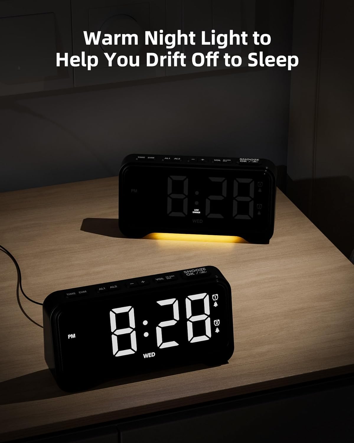 ROCAM Digital Alarm Clock with warm night light activated