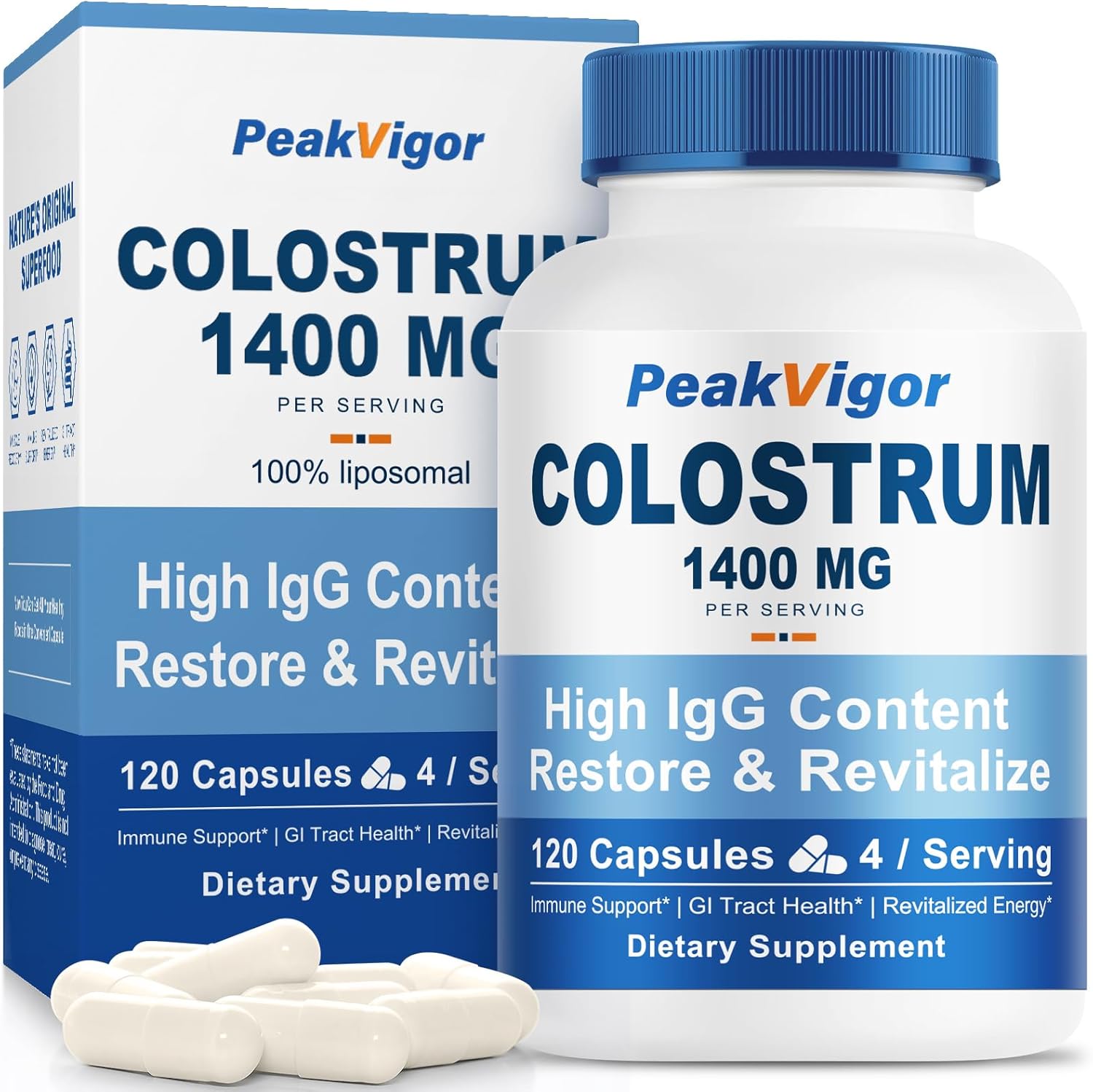 Organic Bovine Colostrum Capsules, 1400mg Colostrum Supplement Powder for Immune & Gut Support, Energy Support, Skin Health, Hair Growth - No Fillers, Non-GMO, 120 Capsules