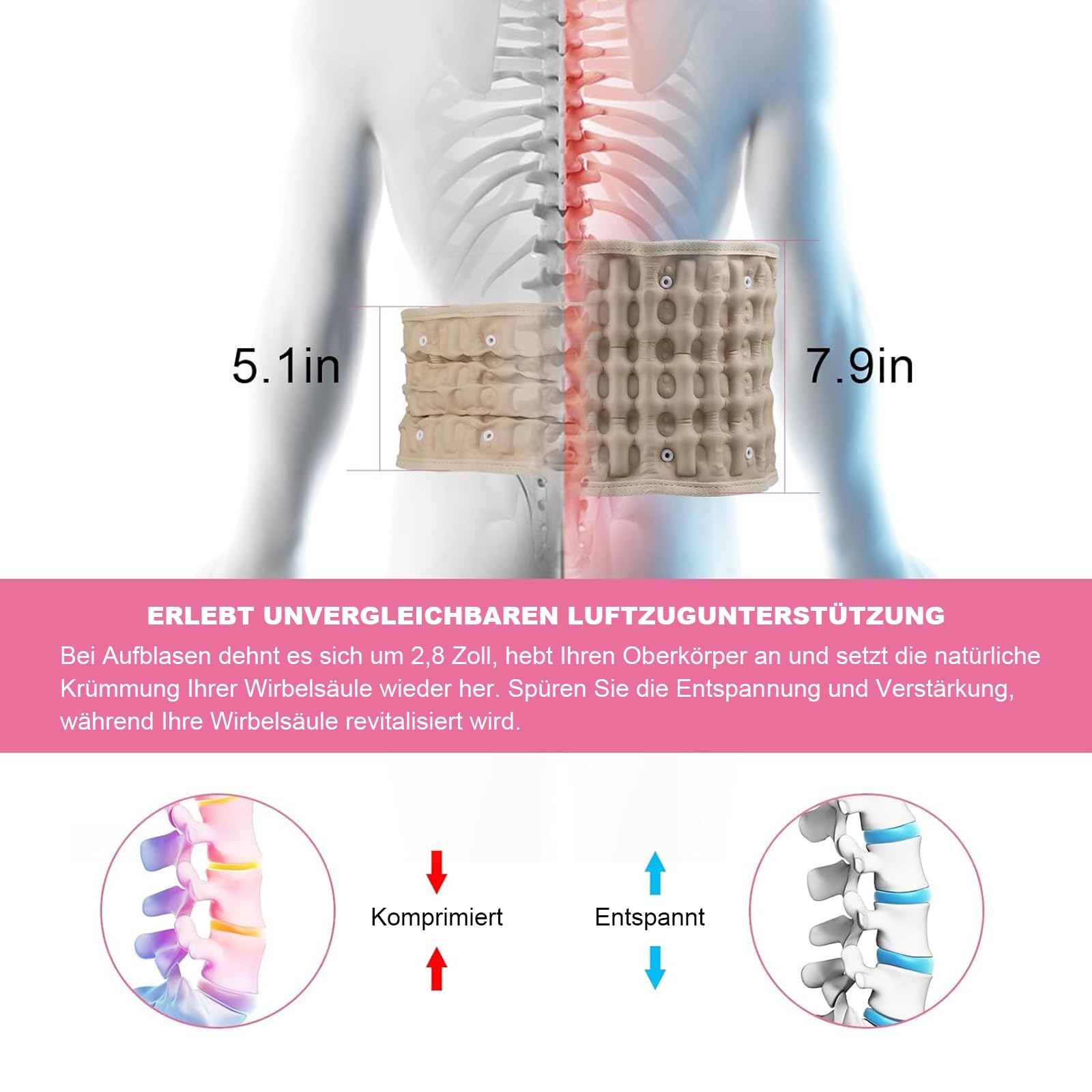 Dekompressions Rückengürtel, Rückenstützgürtel für Männer und Frauen, bei Rückenschmerzen und Nervenschmerzen, Rückenbandage und Rückentraktionsgerät für Taillenumfänge von 74-124cm, Beige
