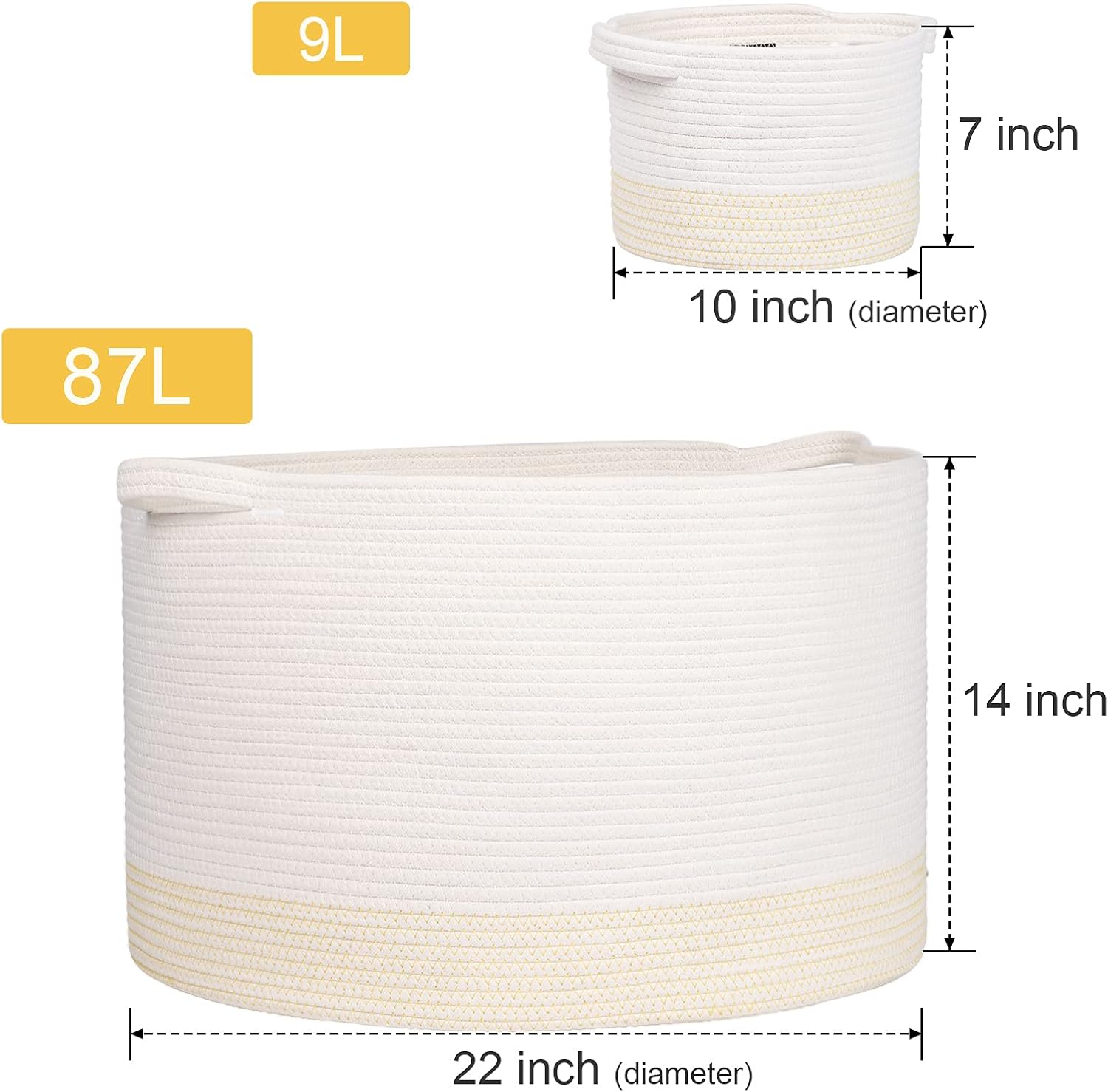 Univivi Large Baby Hamper ,Nursery Bin and Box with Woven Cotton Rope,Toy Blanket Comforter Storage Bin and Box, Laundry Hamper, 18’’L18’’W20’’H,White and Yellow : Baby