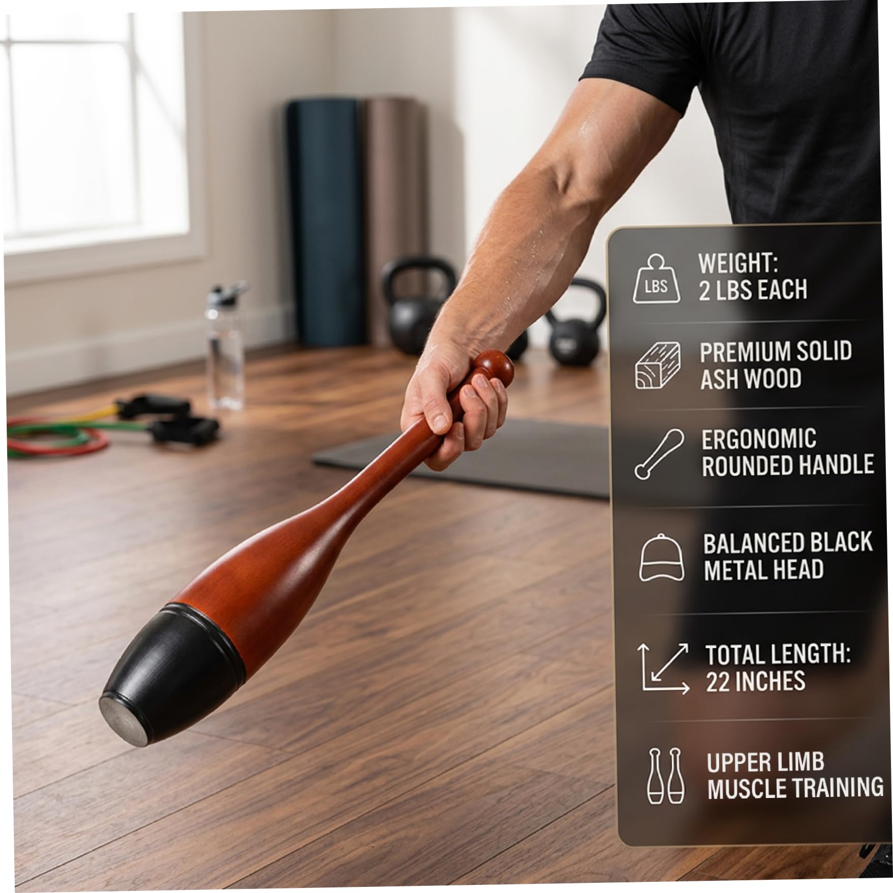 Macebell Indian Clubs, Macebell aus Holz mit ergonomischem Griff für Heim-Fitnessstudio, gewichtete Trainingsstange für Griff- und Oberkörperübungen
