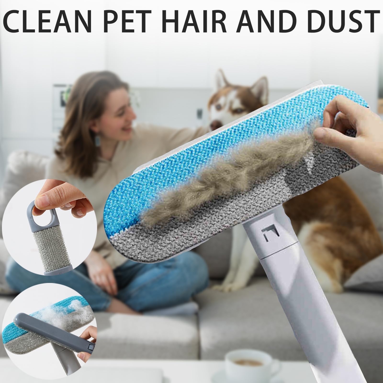 Éliminateur électrostatique 4 en 1 pour Animaux de Compagnie (Lot de 2) avec Tige d'extension - Brosse Anti-Peluches réutilisable pour Poils de Chien et de Chat sur canapé, Tapis