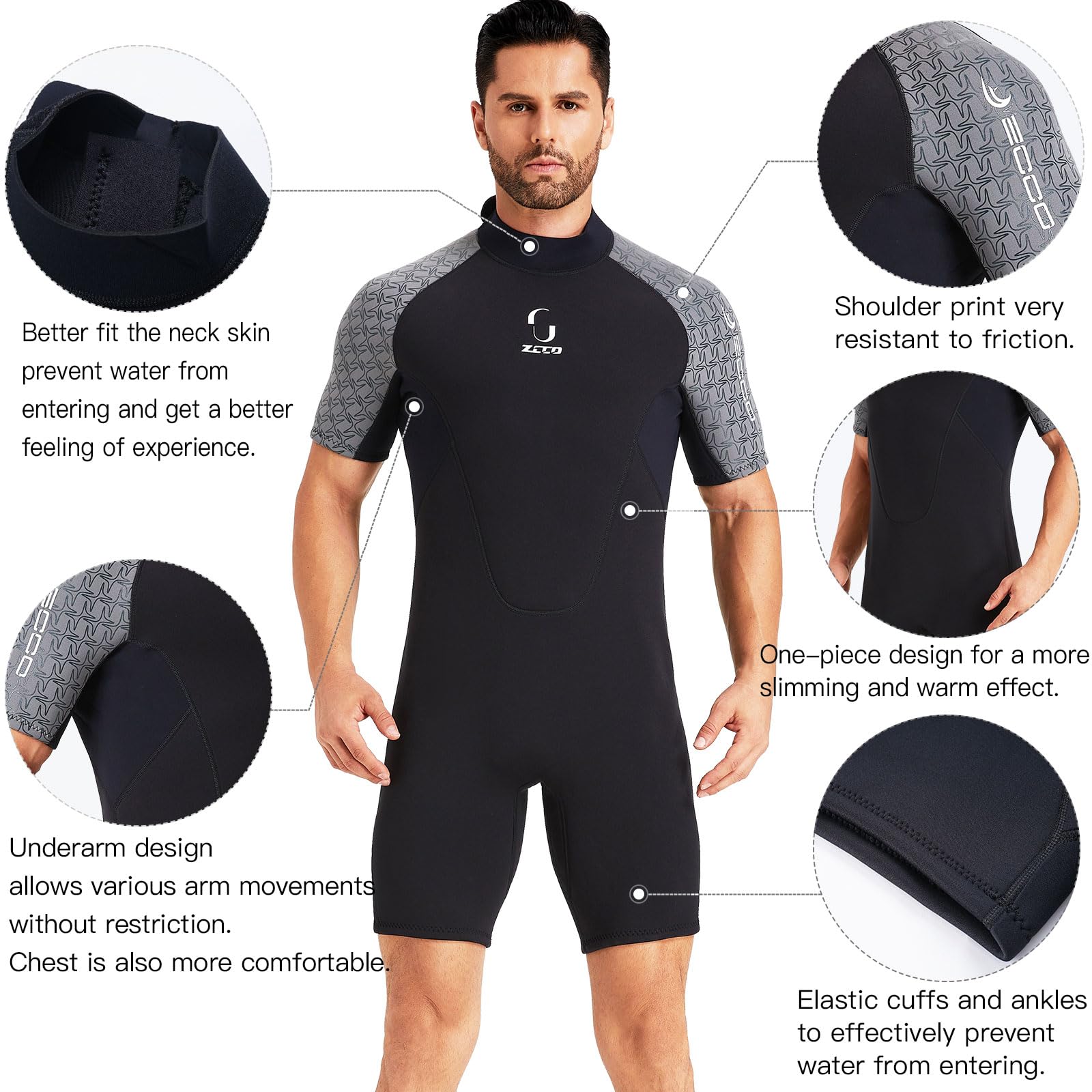 Wetsuits Combinaison de plongée Courte en néoprène pour Homme et Femme avec Fermeture éclair dans Le Dos 3 mm pour Le Surf, la plongée avec Tuba, Le canoë, Le Stand up Paddleboard, Le Kayak (Gris)
