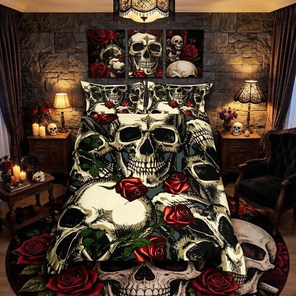 Homemissing Skulls Duvet Cover Red Roses Bedding Set Skeleton Comforter Cover for Boys Girls Kids Scary Gothic Bones Style Bedding & Linen Super King