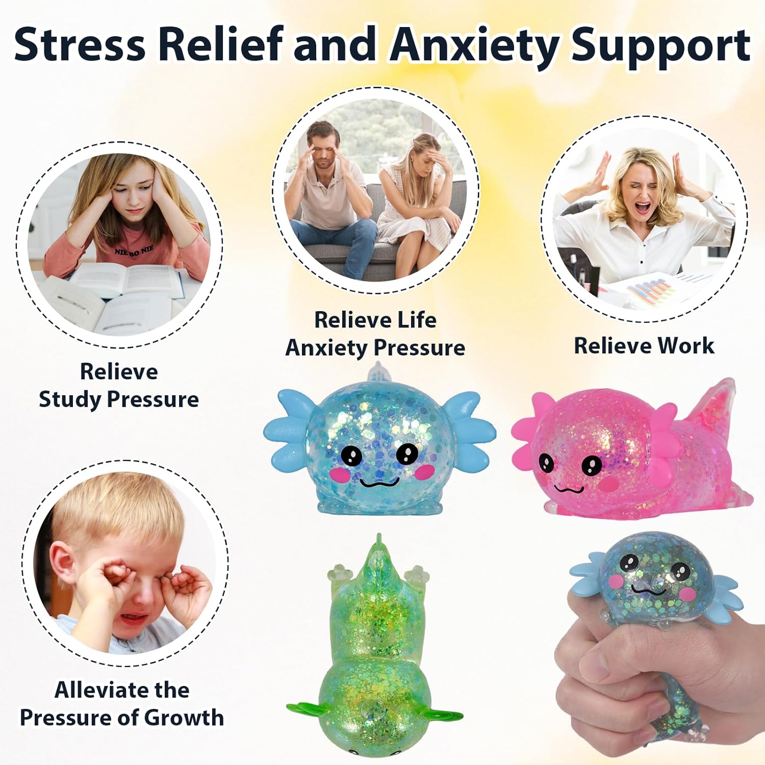 3Pcs Ssqauvig Axolotl Squishy Toy, Medium Squishy Axolotl Squeeze Toy, Soft Slow Rising Stress Relief Toy, Sensory Fidget Toys Squishy for Anxiety for Kids Youth Adults (3color)