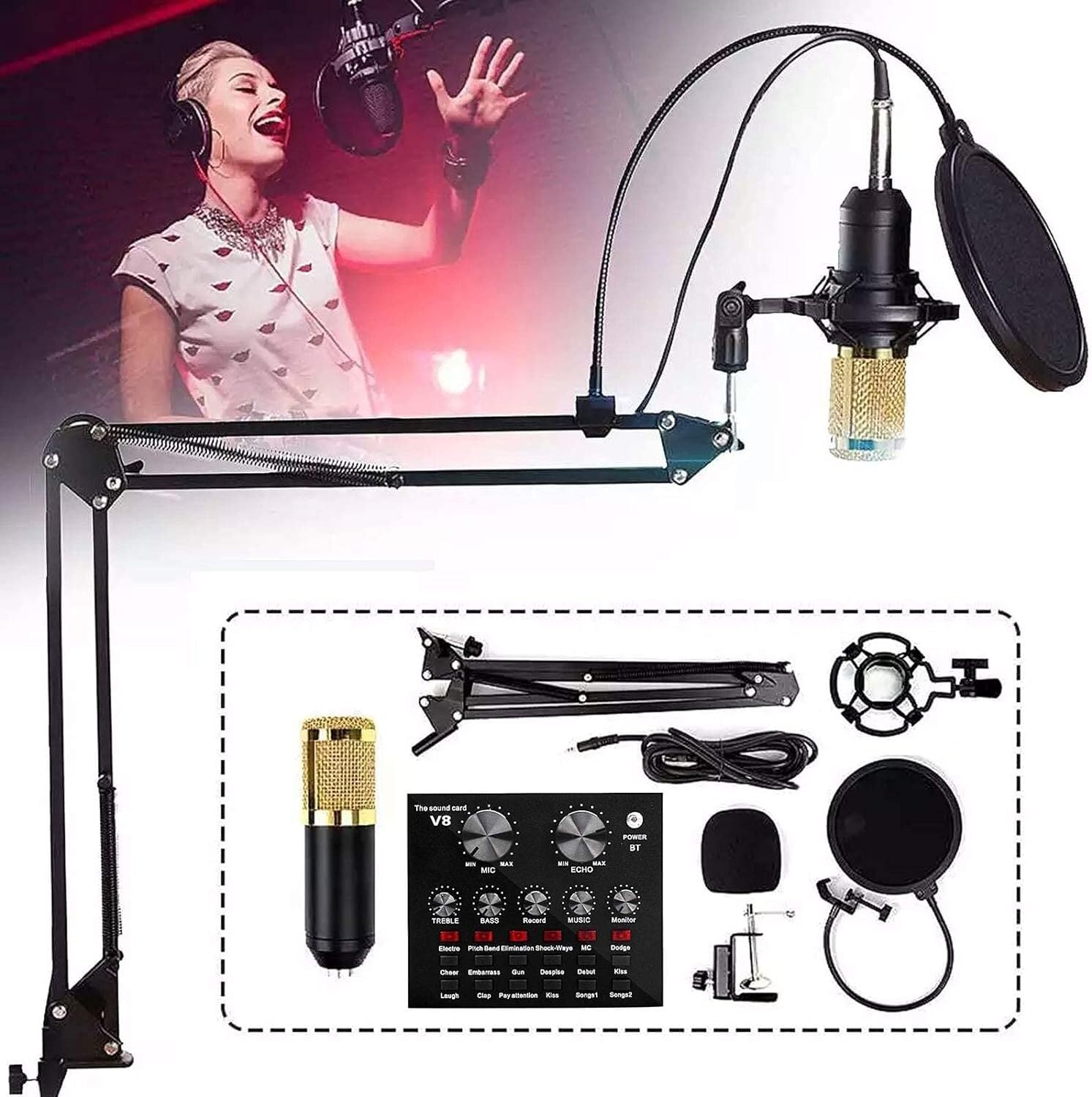 Zestaw mikrofonowy z kartą dźwiękową na żywo, nagrywaniem, przenośnym mikrofonem do karaoke, wesel, imprez scenicznych i plenerowych