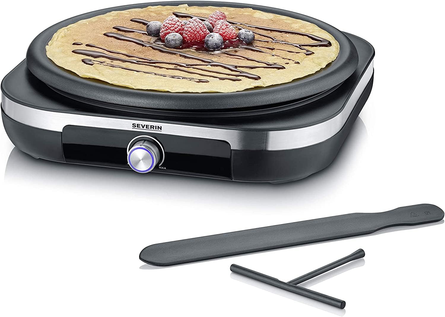 SEVERIN Crêpes Maker, Crepeseisen für süße Crepes und herzhafte Galettes, Crepesmaker mit abnehmbarer XXL Grillplatte (38 cm), ca. 1.500 W, Edelstahl-gebürstet/schwarz, CM 2199