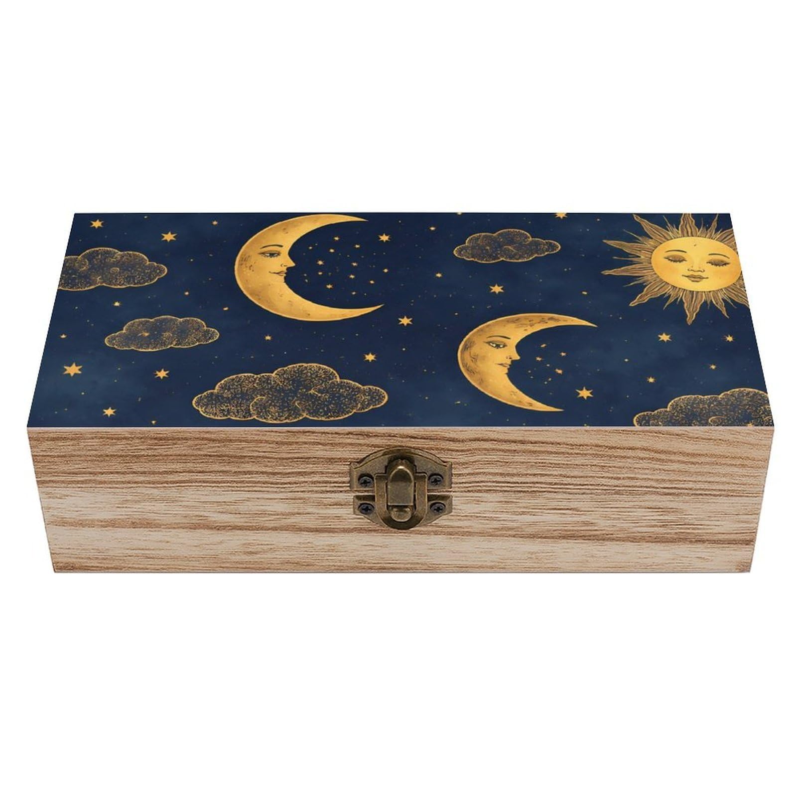 SMAZDFXX Sun Moon Boho Astrolog Wooden Storage Box With Hinged Lid Decorative Front Clasp Keepsake Boxes