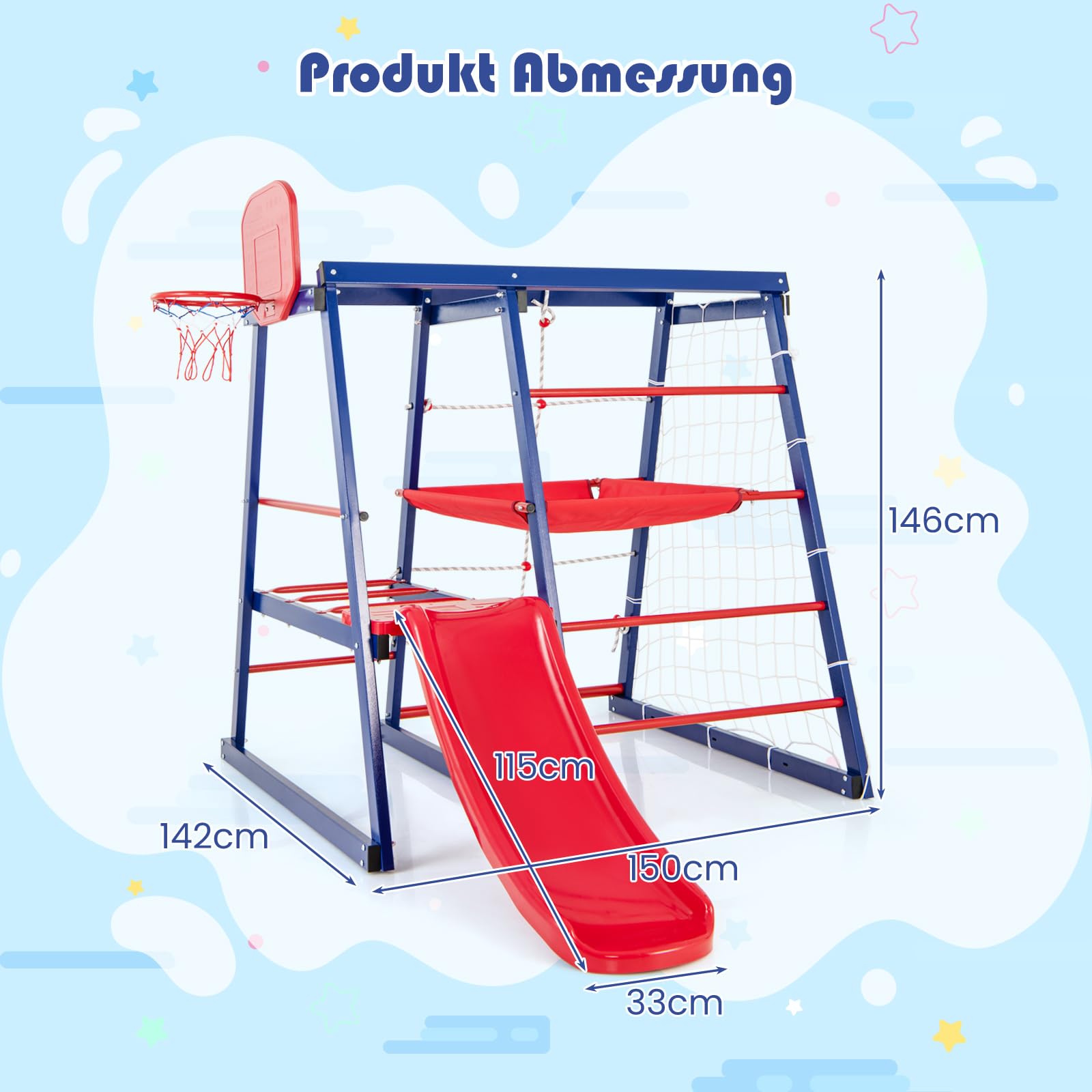 COSTWAY Klettergerüst Outdoor, 7 in 1 Spielplatz mit Rutsche, Kletterleiter, Strickleiter, Fußballnetz, Basketballkorb, Stoffplattform & Kunststoffplattform, für 3-4 Kinder, 150 x 142 x146cm