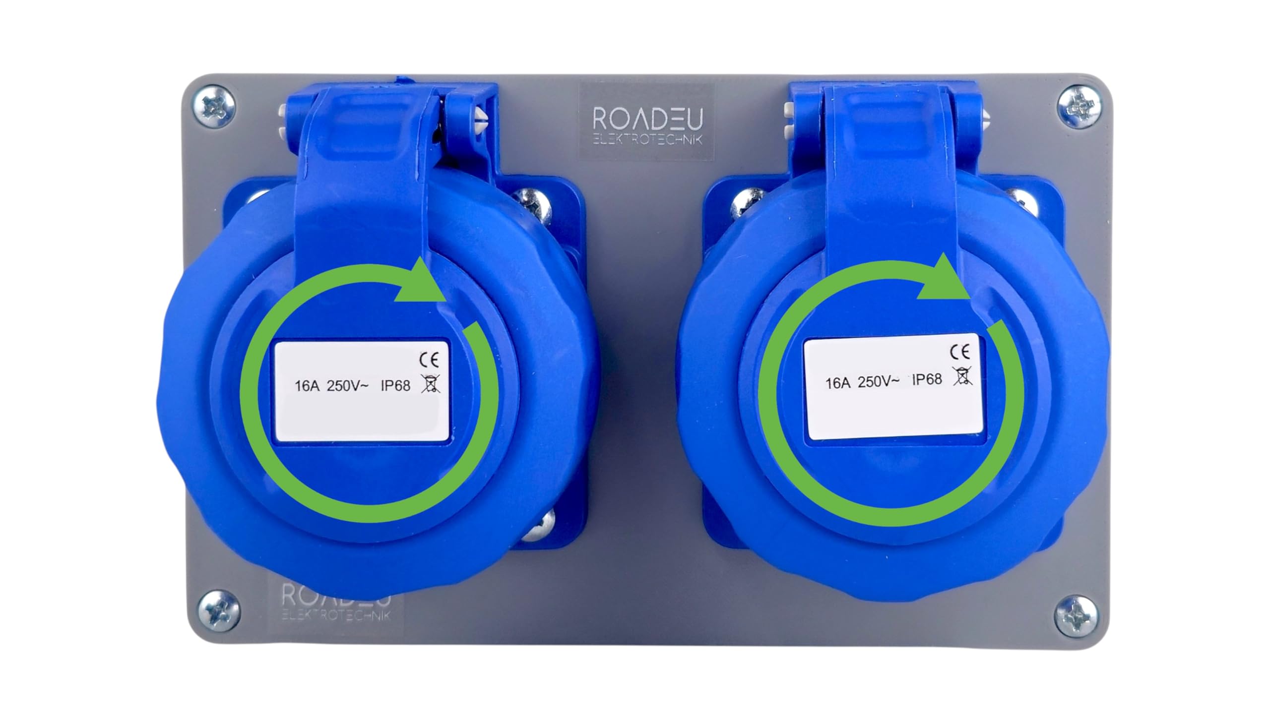 RoadEu – Doppelsteckdose 2x Schuko 230V 16A IP65 Wasserdicht | Baustromverteiler mit Schraubkappen | 2,5 mm² Verdrahtung & Außensteckdose