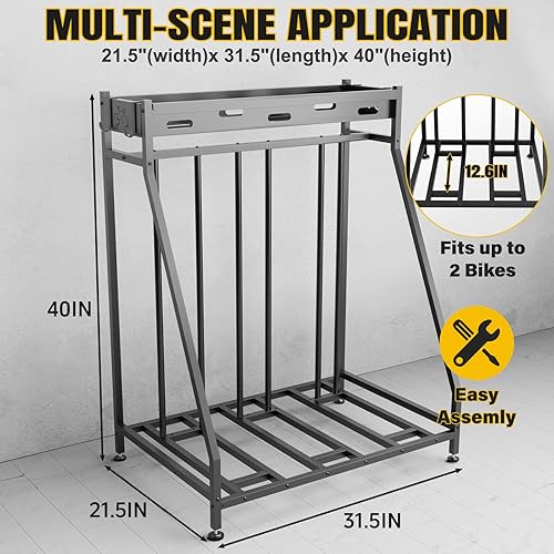Miniatura 5 de Soporte de 3 bicicletas estable para bicicletas, garaje con cestas de almacenamiento para interiores, estante de almacenamiento de bicicletas para