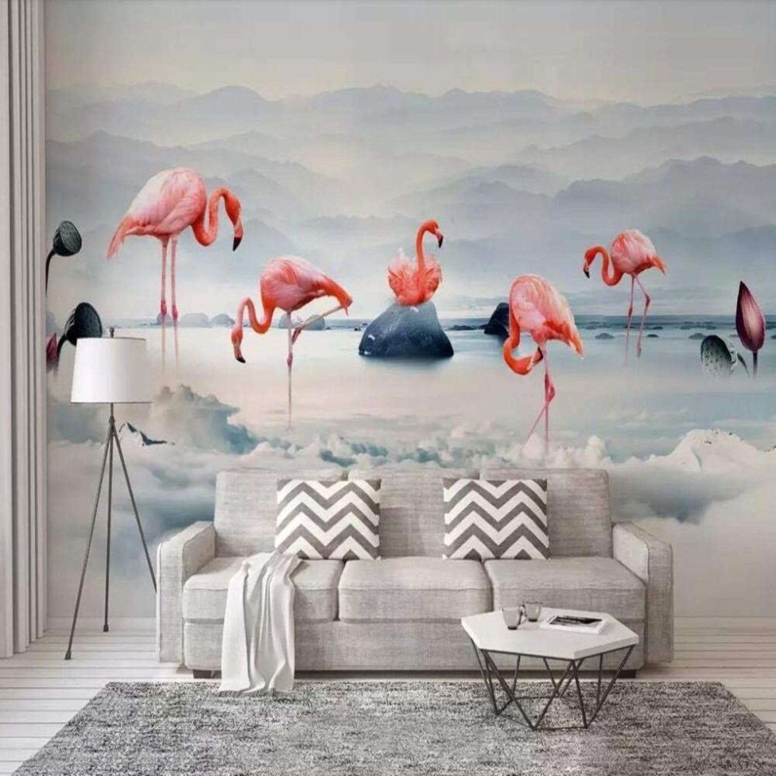 Mural 3D de flamencos y niebla para transformar la pared del salón y fondo de TV