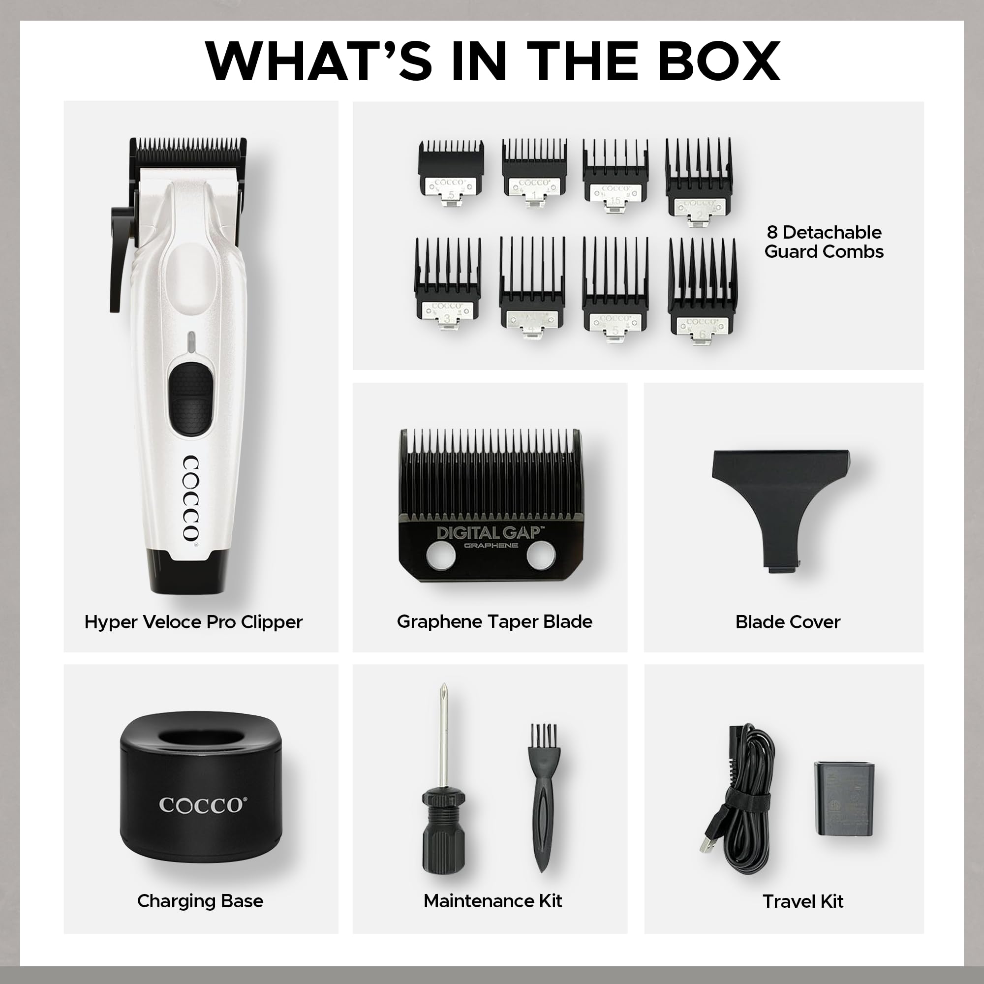 Cocco Veloce Pro Clipper, Digital Gap Ambassador Graphene Taper Blade Professional Hair Clippers, High-Torque BLDC Motor, All-Metal, Cordless, Charging Base Included