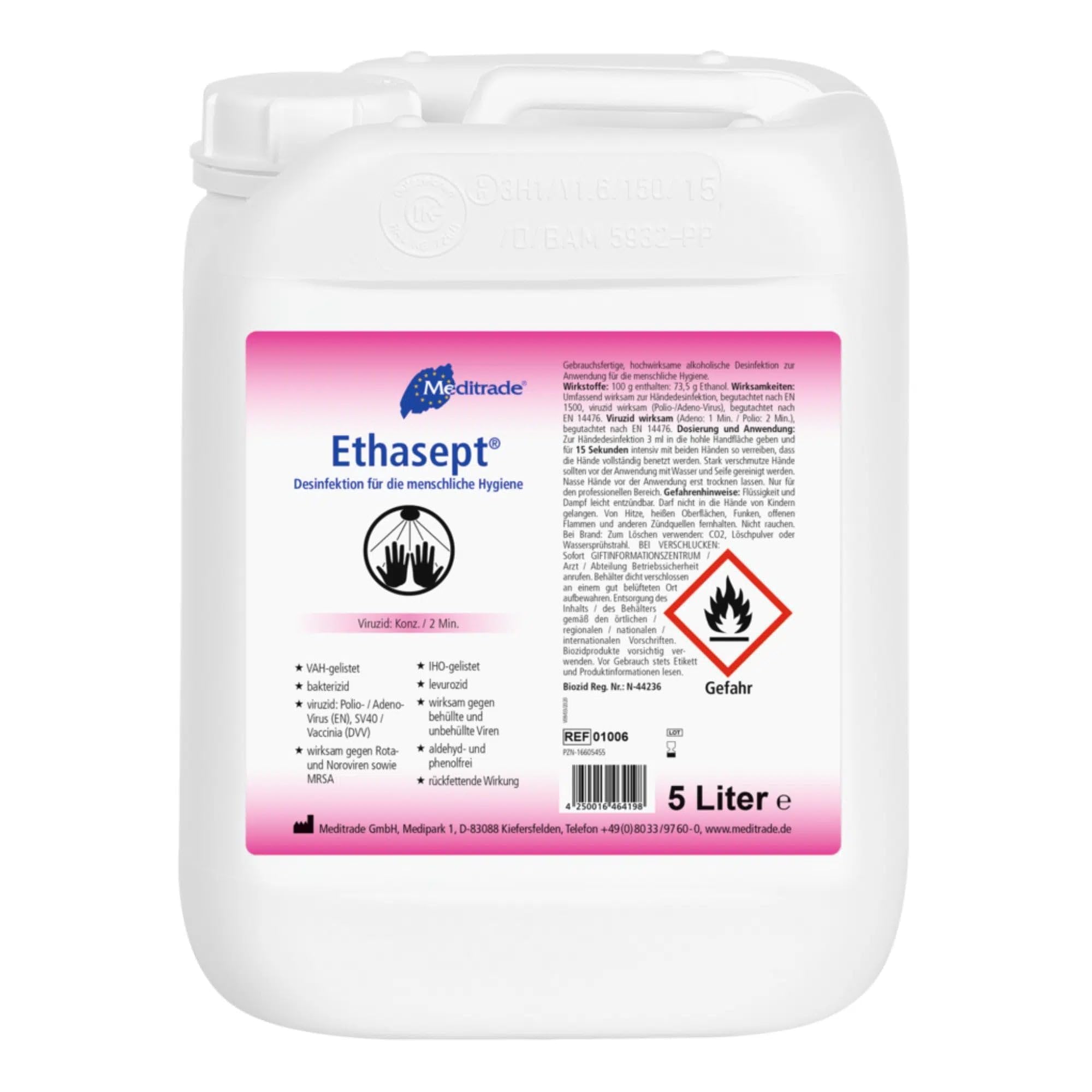 Meditrade Ethasept Desinfektionsmittel 5 Liter für Hand Hände, Flächen und Haut Hygiene, Schnelldesinfektion, Ethanol 73,5%, Empfohlen vom RKI