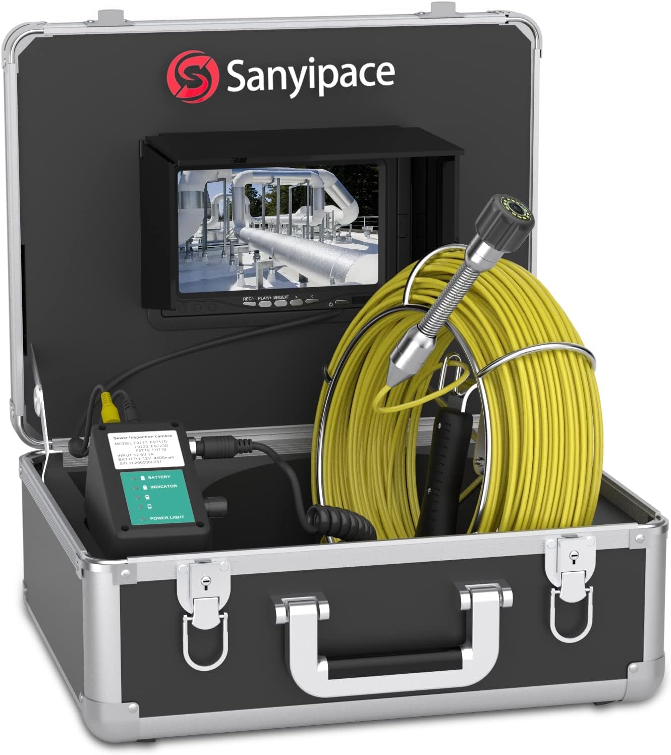 Sanyipace Sewer Camera 100FT/30M, Pipe Inspection with Adjustable Lights, 1000TVL Duct Camera, 4500mAh Battery Powered, 7-inch LCD Monitor, DVR Recorder, 9723D-30M/100FT