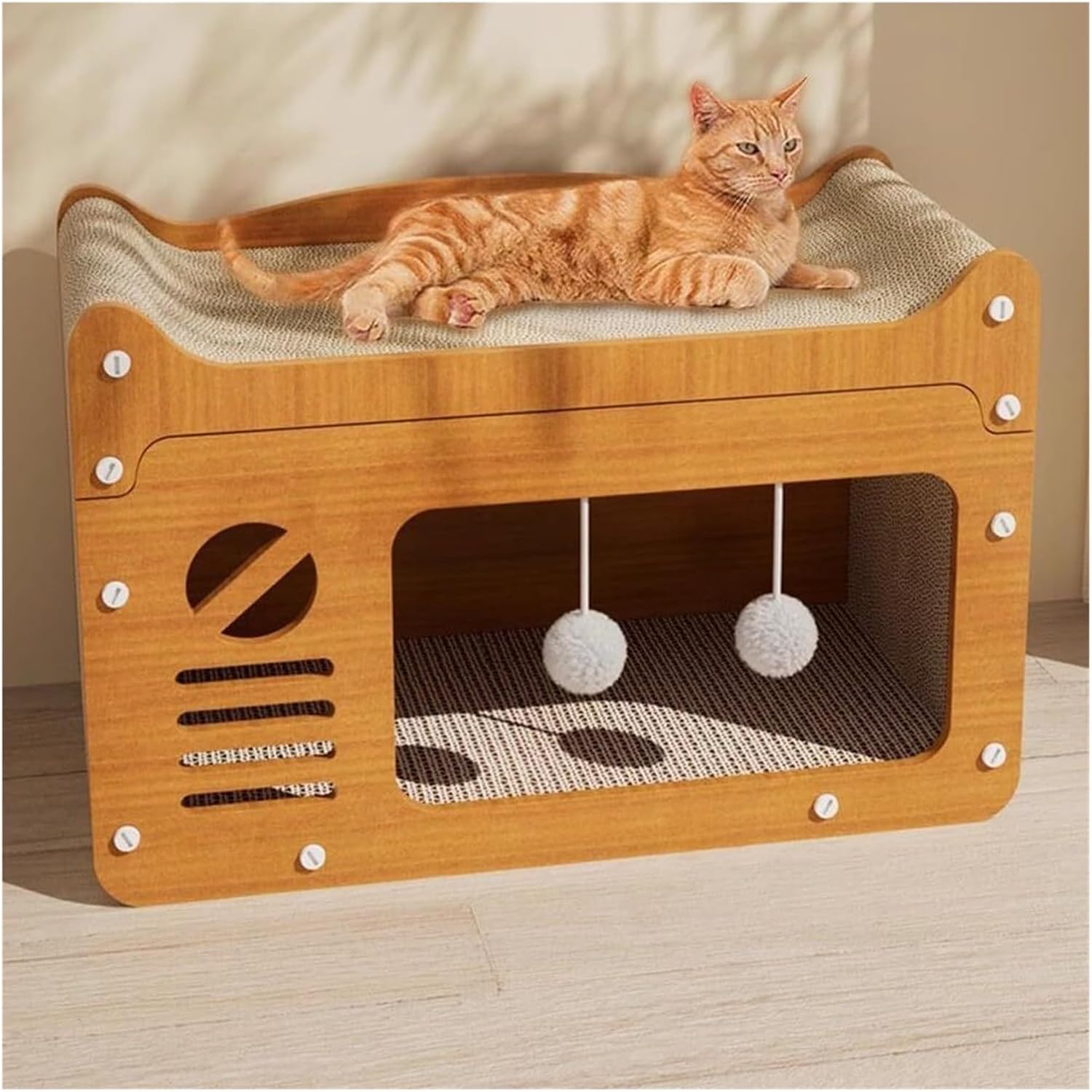 Extra Large Cardboard Cat Scratcher House with 2 Hanging Balls, Durable Corrugated Scratching Box for Cats Kittens to Protect Furniture
