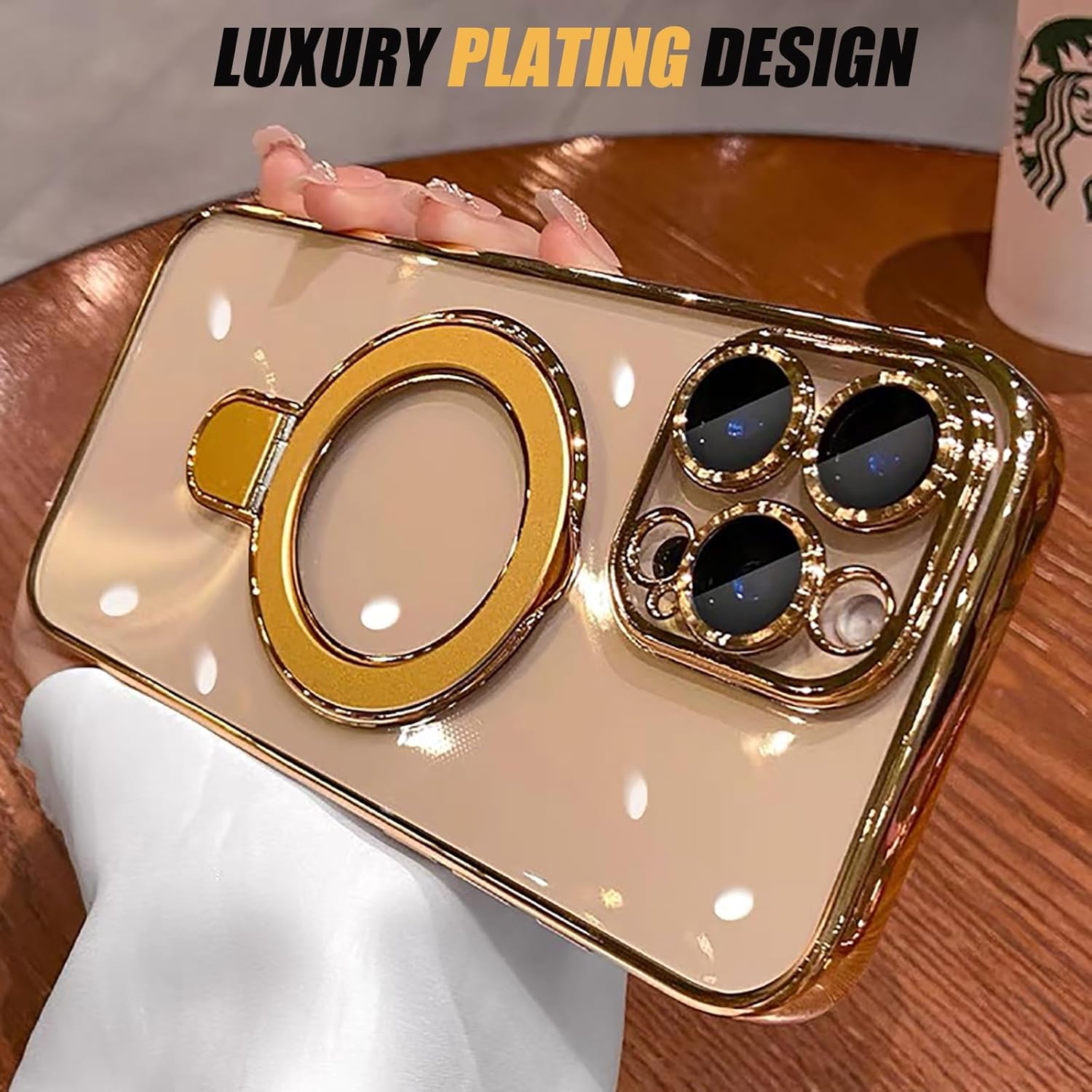 SMARTFOX Case for iPhone 14 Pro 6.1", Compatible with MagSafe, Luxury Plating Shockproof Clear Phone Cover with Invisible Stand, Full Camera Lens & Screen Protector for Women Girls, Titanium Gold - Image 2