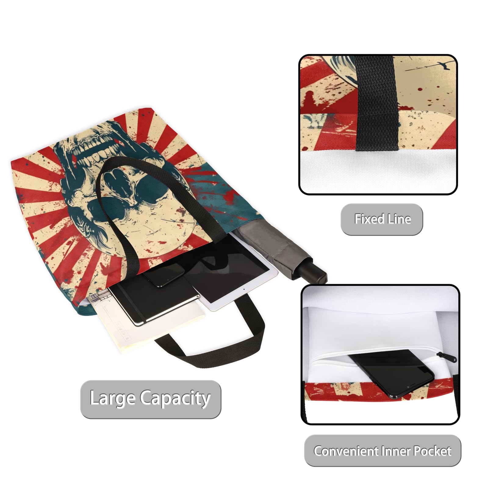 Mularoka Vintage Skull Large Capacity Canvas Tote Bag Stylish Handheld Shoulder Bag Reusable Shopping Bag for Work Travel Beach Trips Shopping