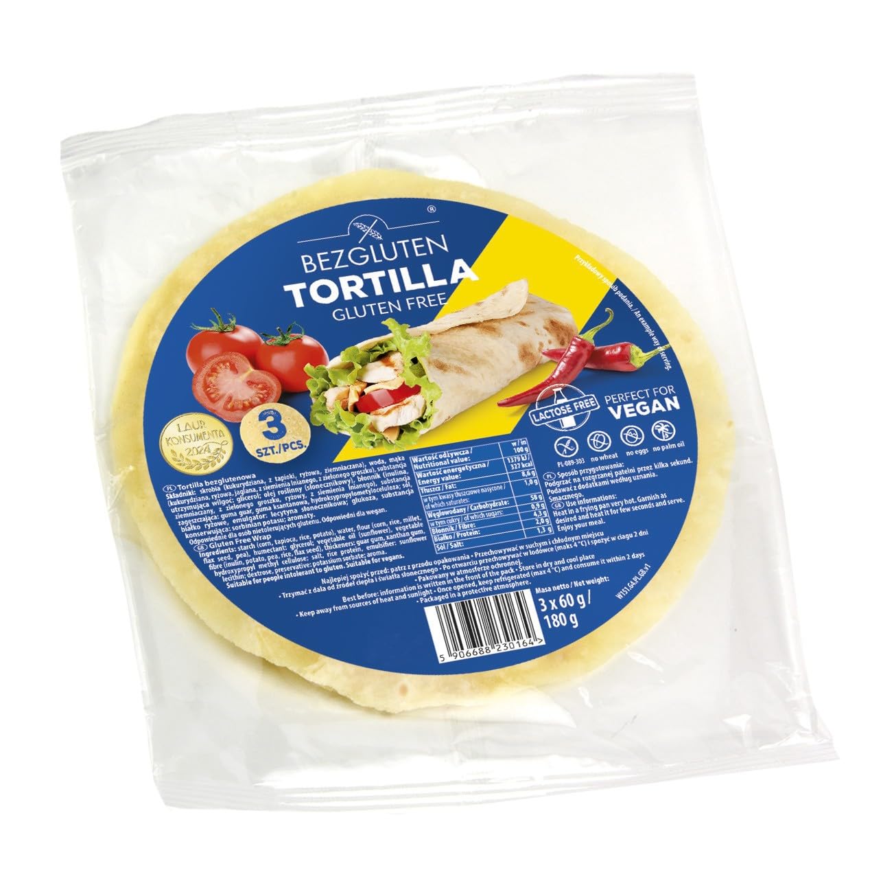 Tortilla bezglutenowa, wegańska, bez laktozy, 3 sztuki, 180 g Bezgluten