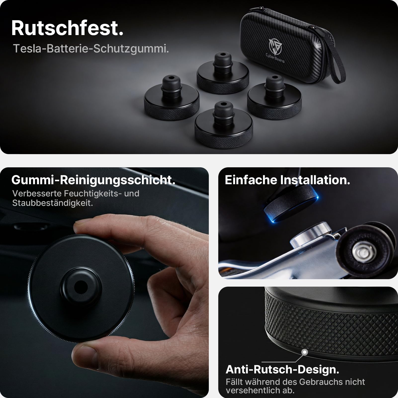 4 Stück Wagenheber Pads für Tesla Model S 3 X Y Alle Modelle | (2016-2025 & 2026 Highland/Juniper) Gummipads Jack Pads für Wagenheber mit Selbstklebend Aufbewahrungsbox