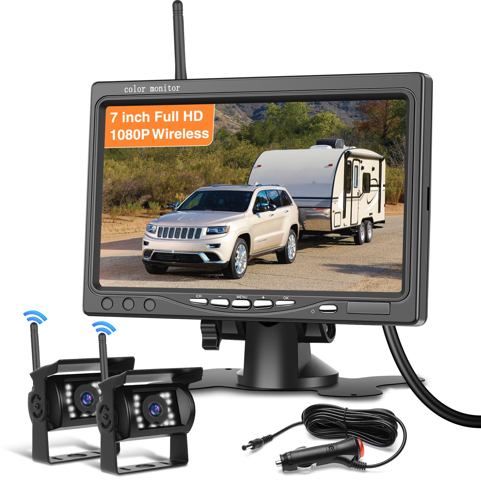 1080P 7'' IPS Monitor Con Doppio Wireless Telecamera Retromarcia Kit | IP68 Impermeabile Telecamere Posteriore Avviso di Angolo Cieco Visione Notturna Telecamere per Auto Camion Camper 12V-36V