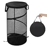 BATTOO Large Collapsible Laundry Basket with Lid Foldable Mesh Pop Up Hamper with Handles for Laundry Room, Bathroom, Kids Room, College Dorm, Travel, Storage Organizer Black