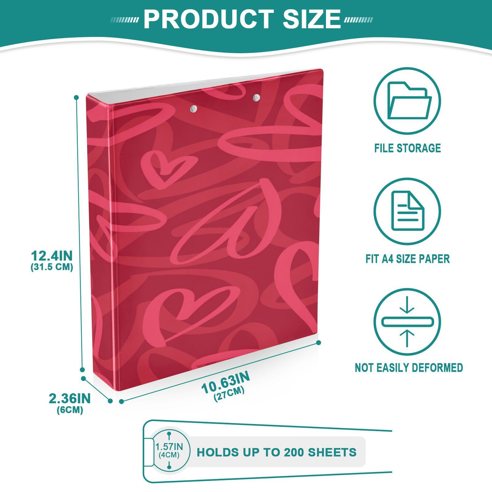 SKYSHU Love Heart - Raccoglitori ad anelli rotondi con 3 tasche interne in PVC trasparente, impermeabili, robusti, 3,8 cm, con clip in metallo antiscivolo, raccoglitori versatili per 200 fogli,