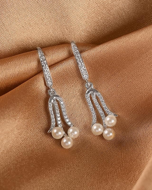 Image of CLARA 925 Sterling Silver Pearl Earrings | Rhodium Plated, Swiss Zirconia, Screw Back | Gift for Women & Girls