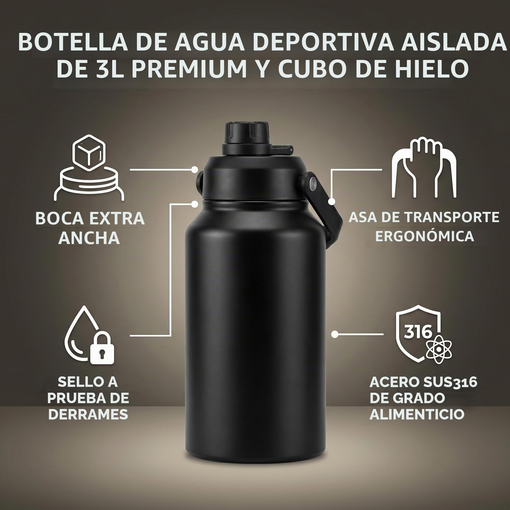 Botella de Agua Aislada de 3L, Taza Térmica de Acero Inoxidable SUS316, Boca Ancha con Asa, Mantiene el Frío 48H Caliente 24H, para Deporte/viajes (BLACK)