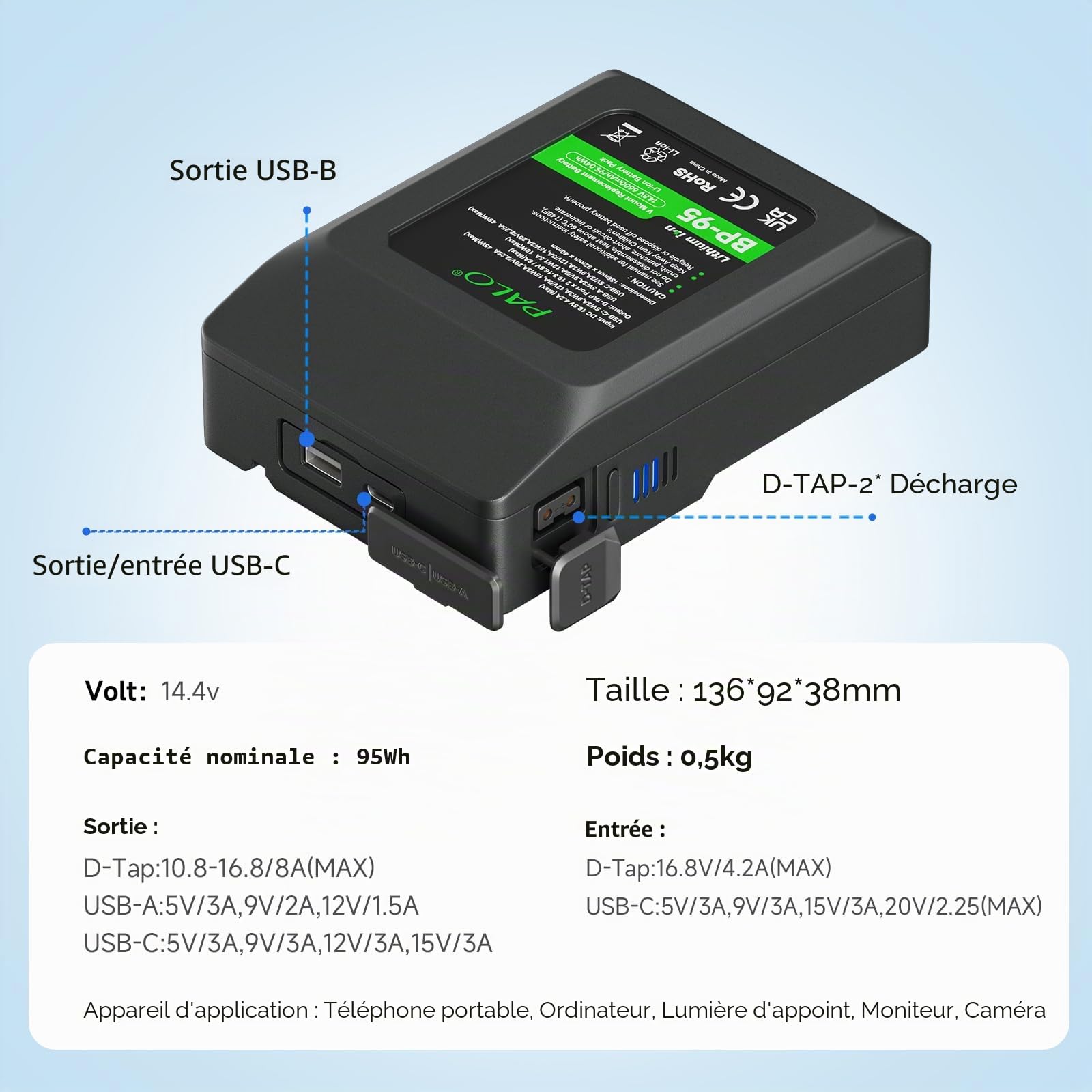 Lot de 2 Batteries V Mount/V Lock – 95 Wh 14,4 V 6600mAh Rechargeables Li-ION pour caméscope vidéo de Diffusion, Compatible avec Sony HDCAM, XDCAM, caméras numériques cinéma et Autres caméscopes