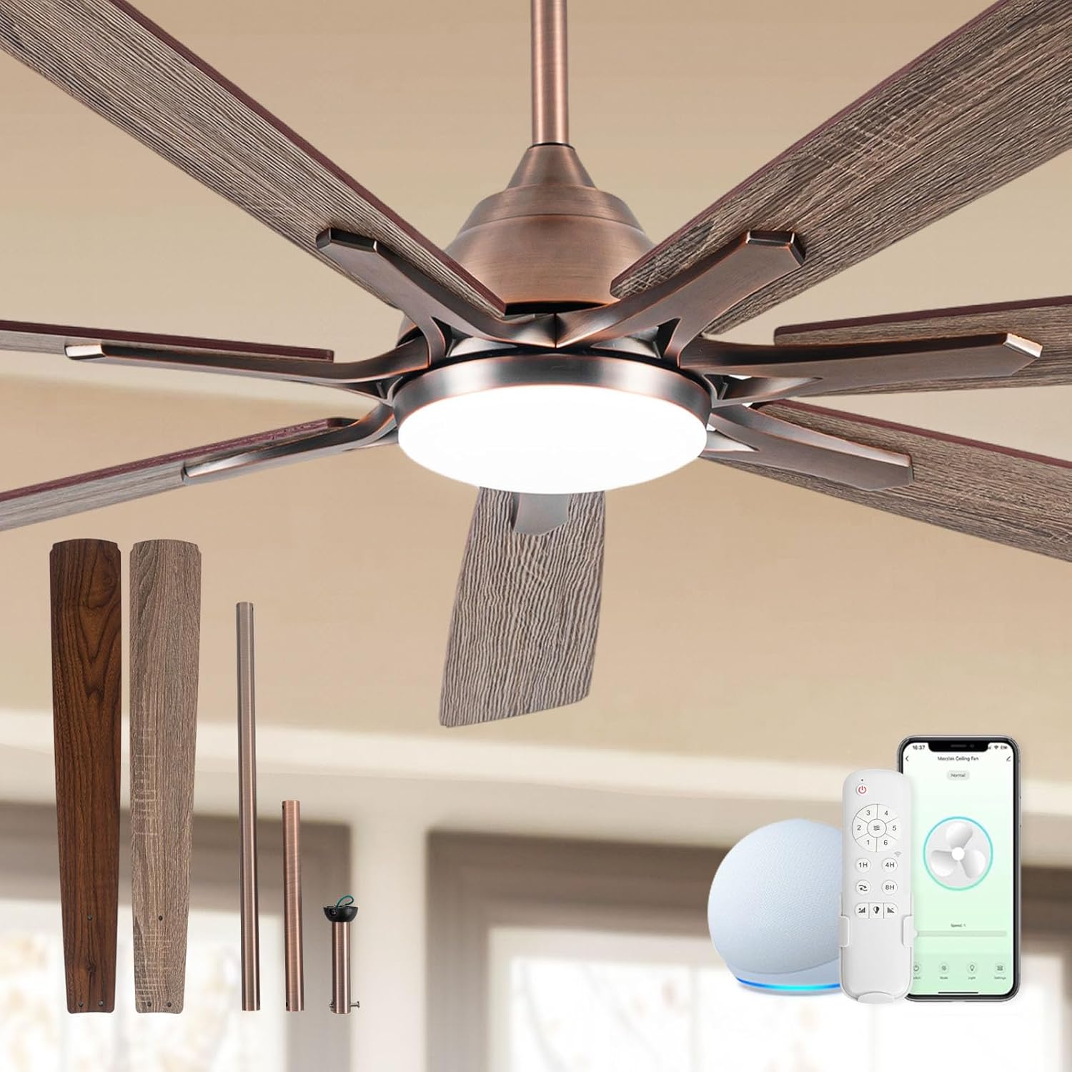 84 Inch Smart Ceiling Fan with Alexa APP,Oil Rubbed Bronze Large Ceiling Fan with Light,6 Speed,3CCT,Dual Finish 7 Blades,Quiet DC Motor Outdoor Fan for Patio,Big Living Room