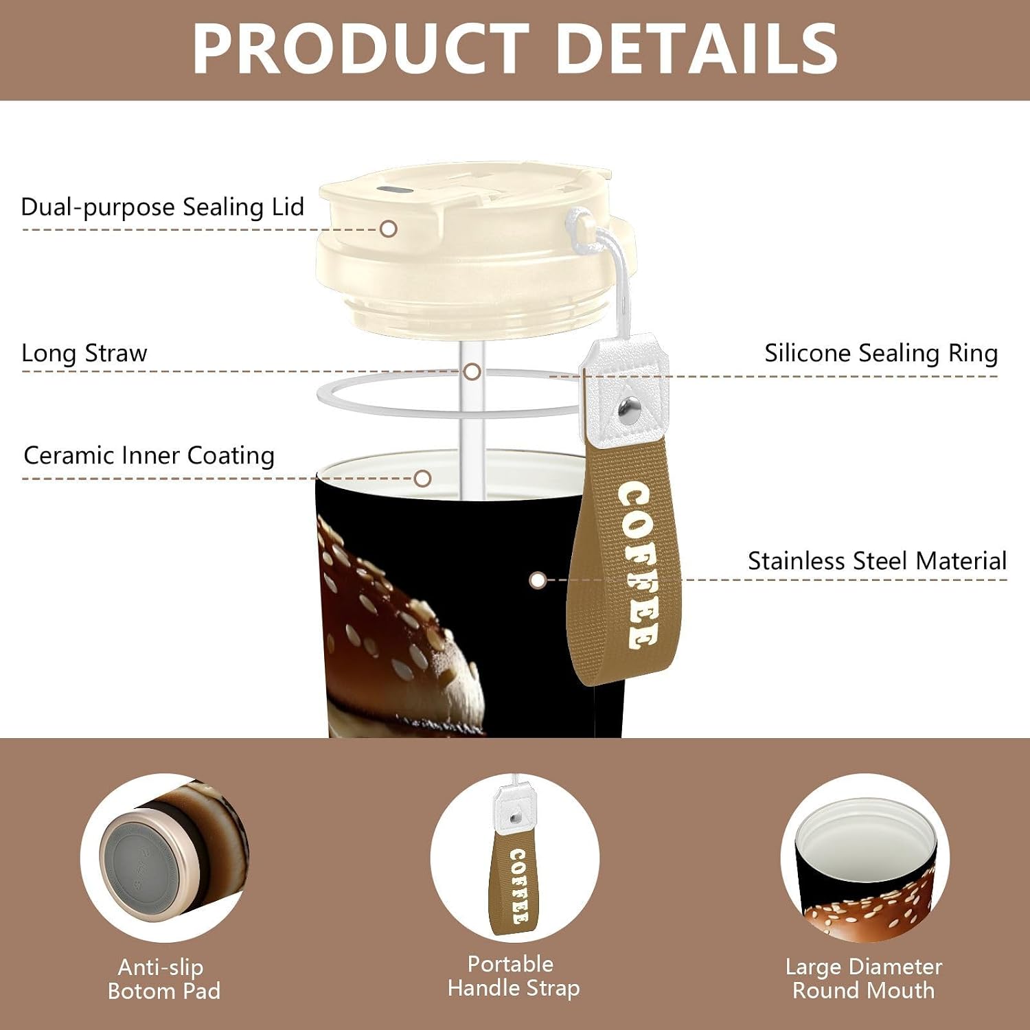 Hamburger Closeup Insulated Coffee Mug with Straw & Flip Lid, 16.9oz Iced Tumbler Cup, Double Wall Vacuum Mug for Travel Office