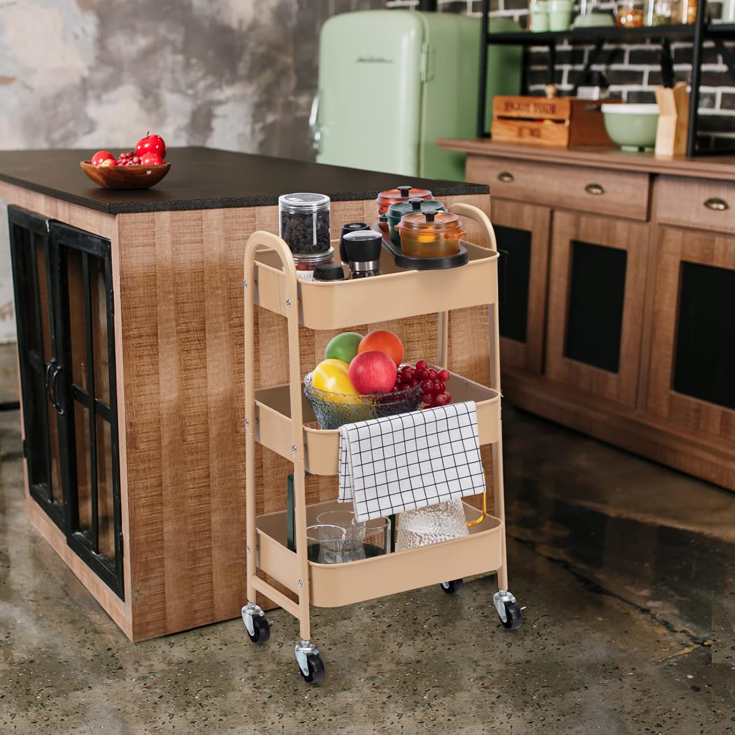 AGTEK 3 Tier Utility Rolling Cart with Lockable Wheels, Metal Multifunctional Storage, Organizer Cart for Kitchen, Office, Living Room, Makeup, Craft, Art Studio, Sand