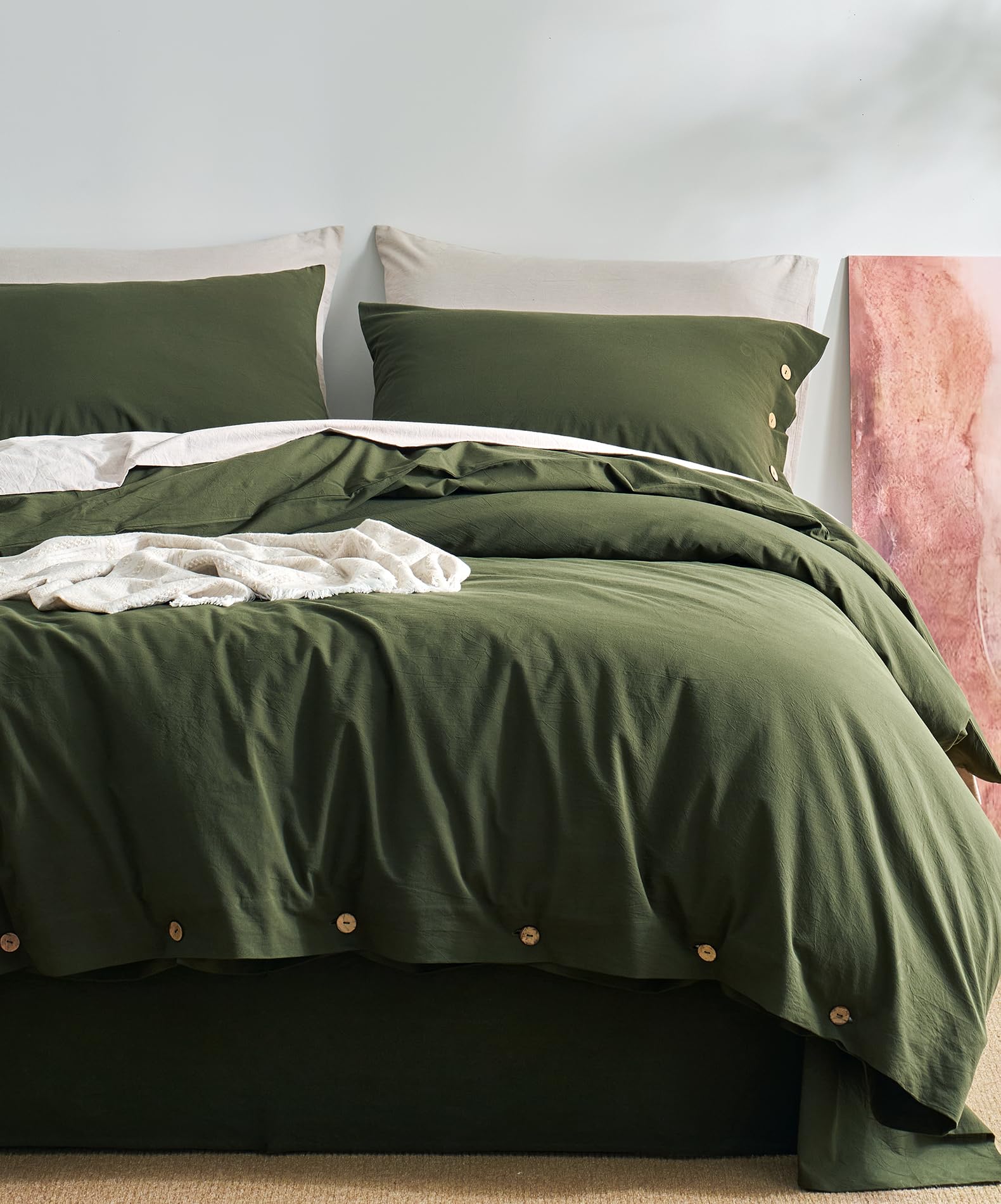 JELLYMONI 100% Washed Cotton Fall Olive Green Duvet Cover Full, Linen-Like