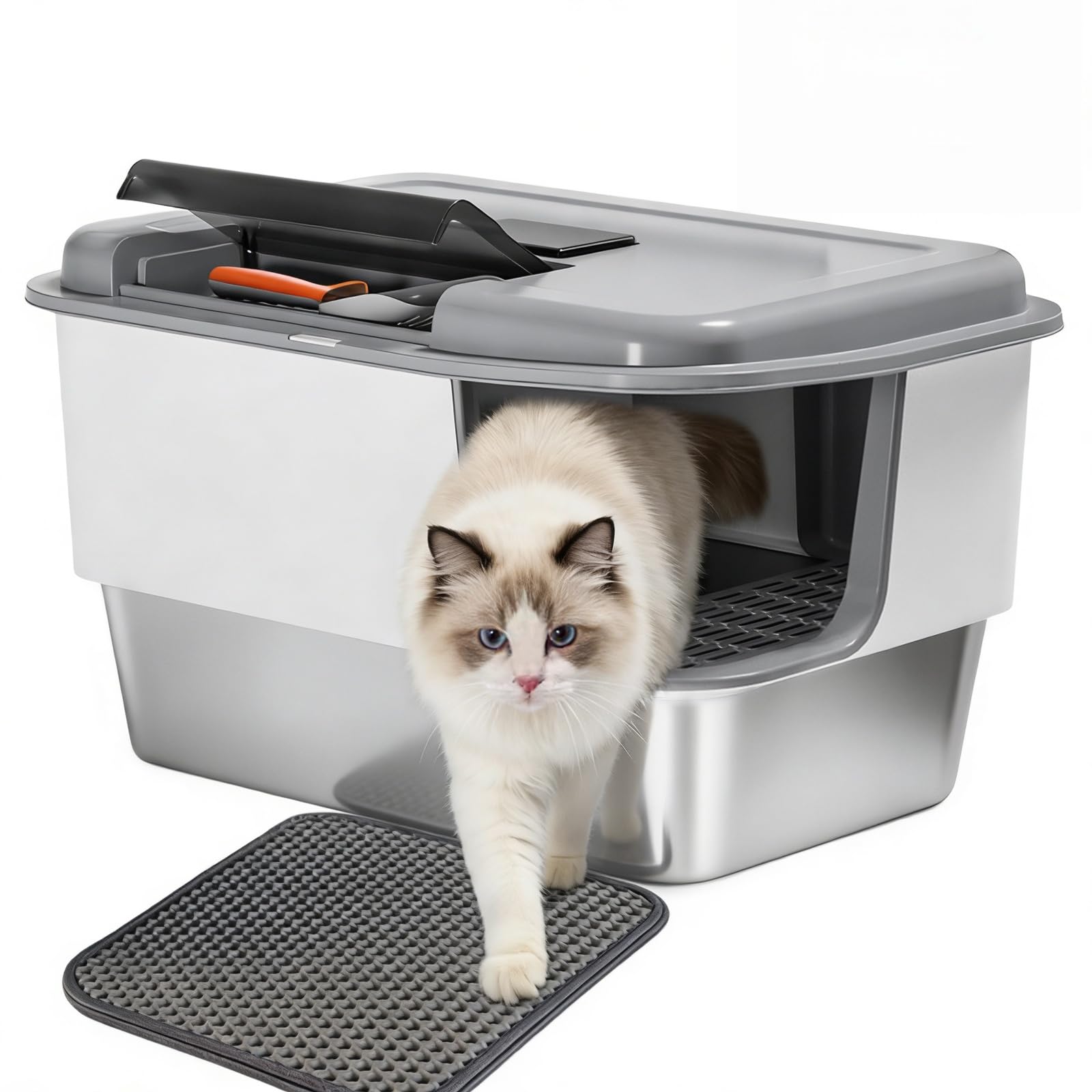 XXL Stainless Steel Litter Box With Litter Mat and Litter Scoop , Extra Large 25.98"L*18.5"W*15.35"H Cat Litter Boxs, Jumbo Enclosed Removable Litter Box High Sides For Big Cats, Easy to Clean（Gray）