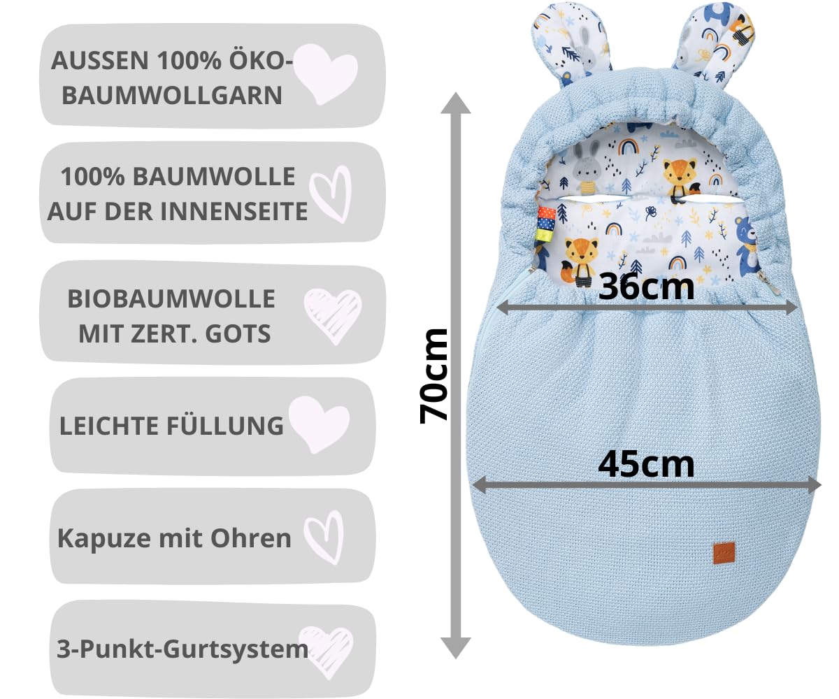 Mikos Einschlagdecke Babyschale Herbst Winter, Baby Fußsack mit Zip 100% Baumwolle GOTS Zert. Universal für Kinderwagen Buggys Maxi Cosi 3 Punkt Gurt Blau