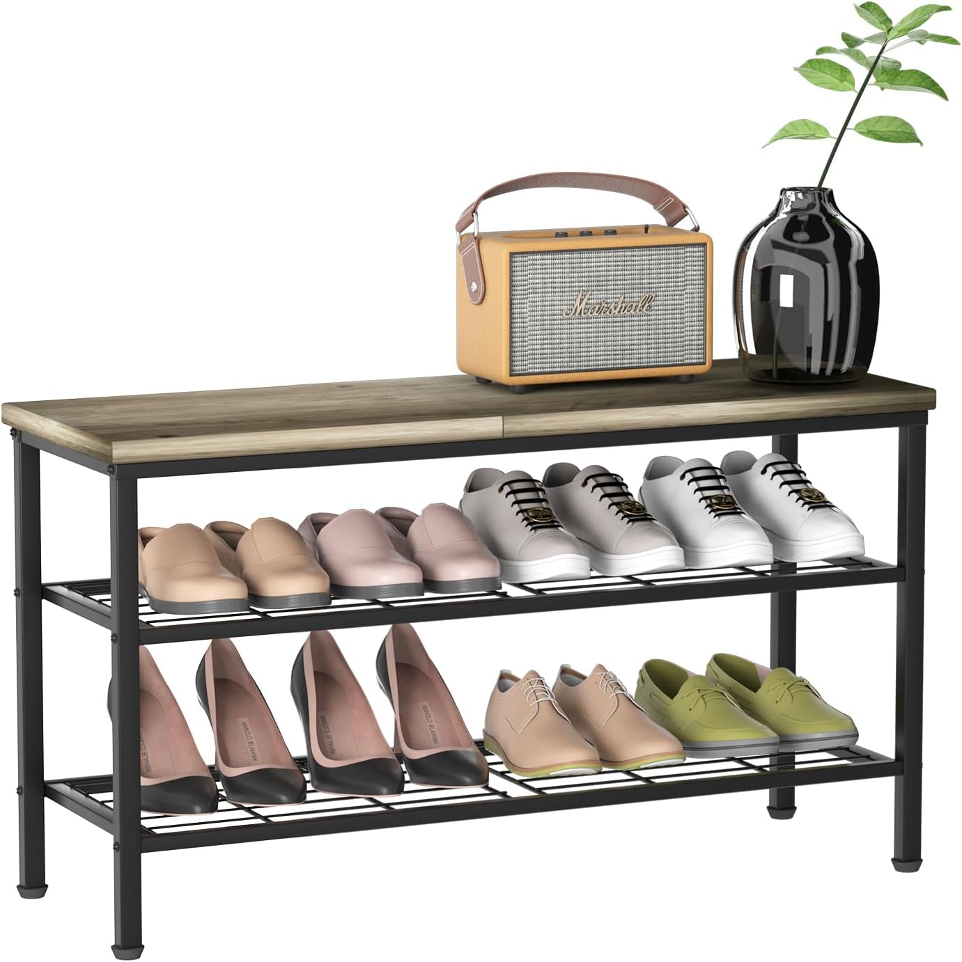 3-Tier Metal Shoe Rack with Wood Top - Durable & Space-Saving Shoe Organizer,Industrial Shoe Organizer Shelf Bench Storagefor Closet Entryway, Bedroom & Hallway - Gray + Black 28.5 W × 18" H 3-tier Gray+black
