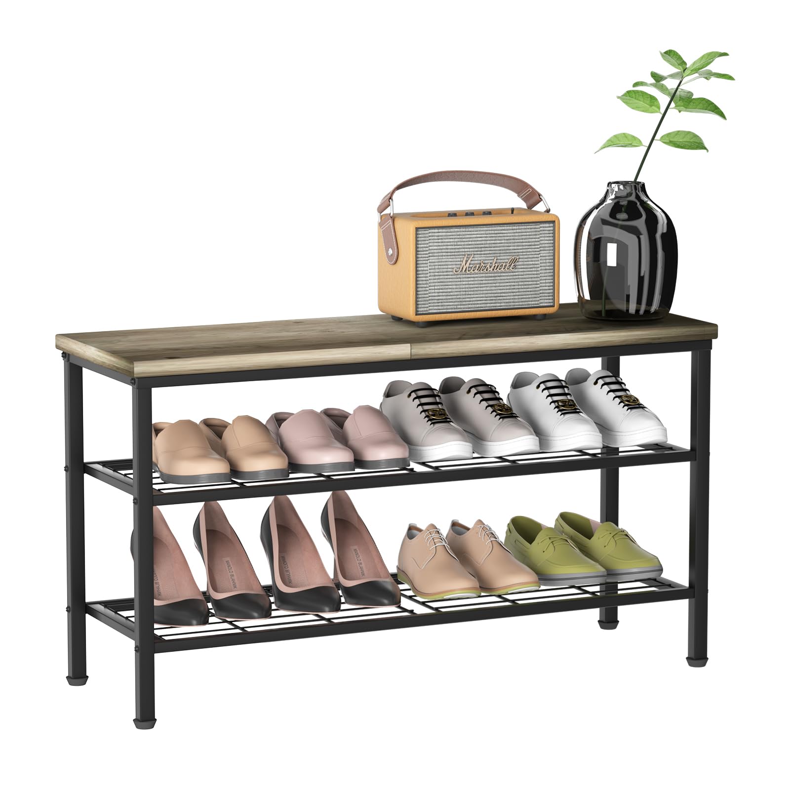 Glynym 3-Tier Metal Shoe Rack with Wood Top - Durable & Space-Saving Shoe Organizer,Industrial Shoe Organizer Shelf Bench Storagefor Closet Entryway,