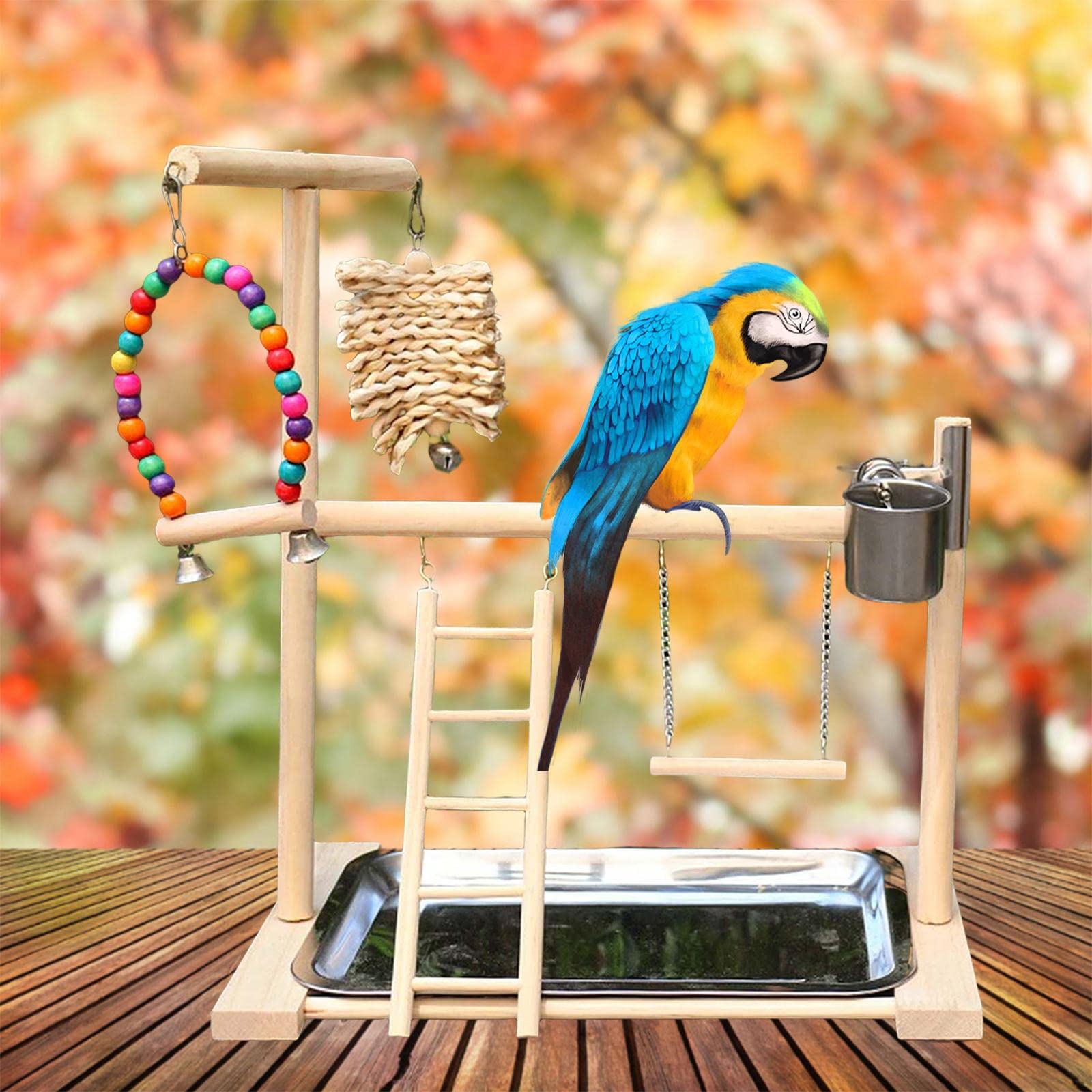 Perchoir pour Perroquets avec Balançoire, échelle, Mangeoire et Accessoires en Bois Naturel, Fabriqué à La Main. Convient Aux Animaux de Compagnie.
