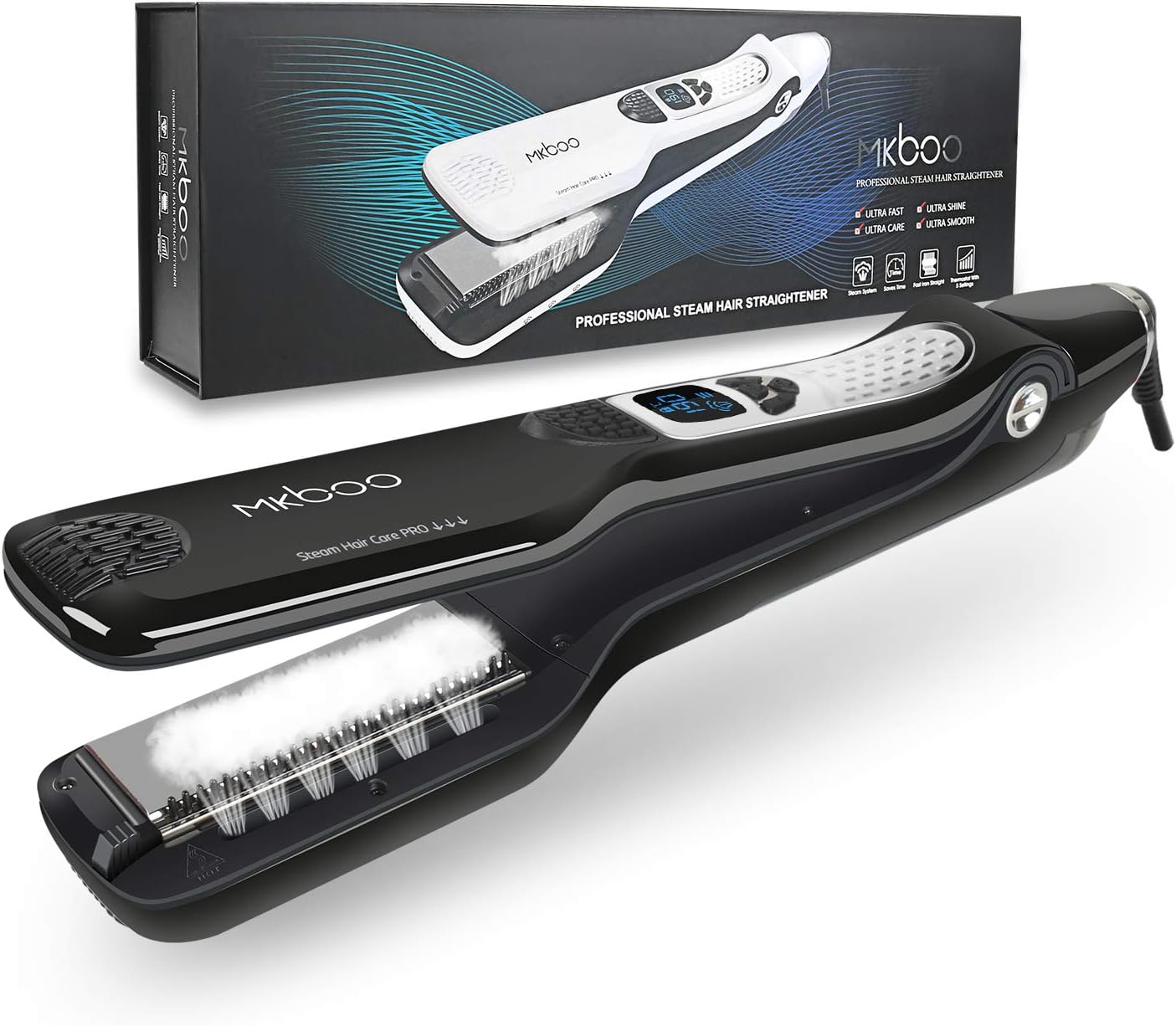 MKBOO Hair Straightener, Professional Steam Flat Iron Nano Titanium Ceramic Curling Iron with Removable Comb Digital LCD 5 Level Adjustable Temperature Hair Styling Tool for All Hair Types