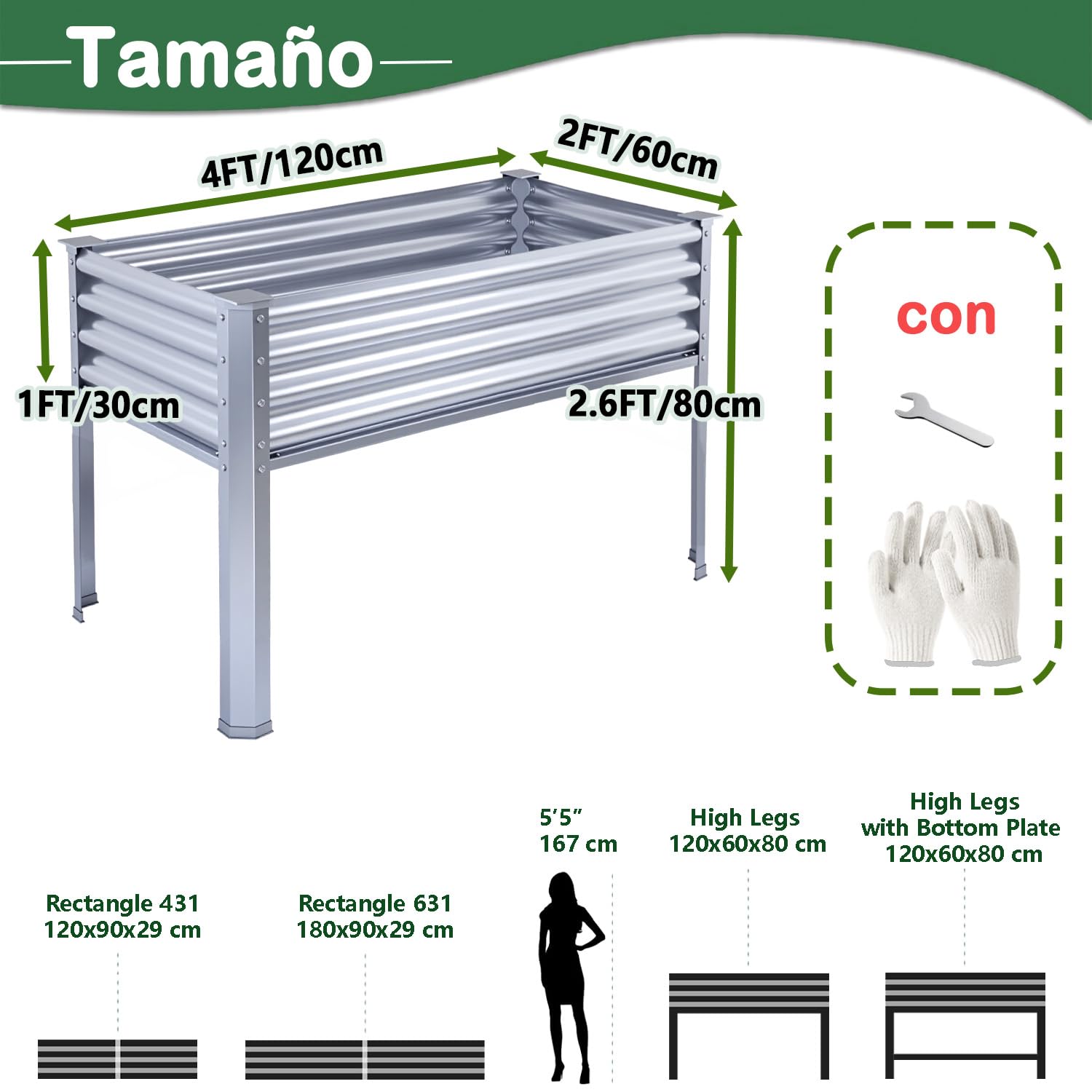 Cama elevada de jardín con patas galvanizadas, cajas elevadas para exteriores, para verduras, flores, hierbas, balcón, patio trasero (120 x 60 x 80 cm, metal)