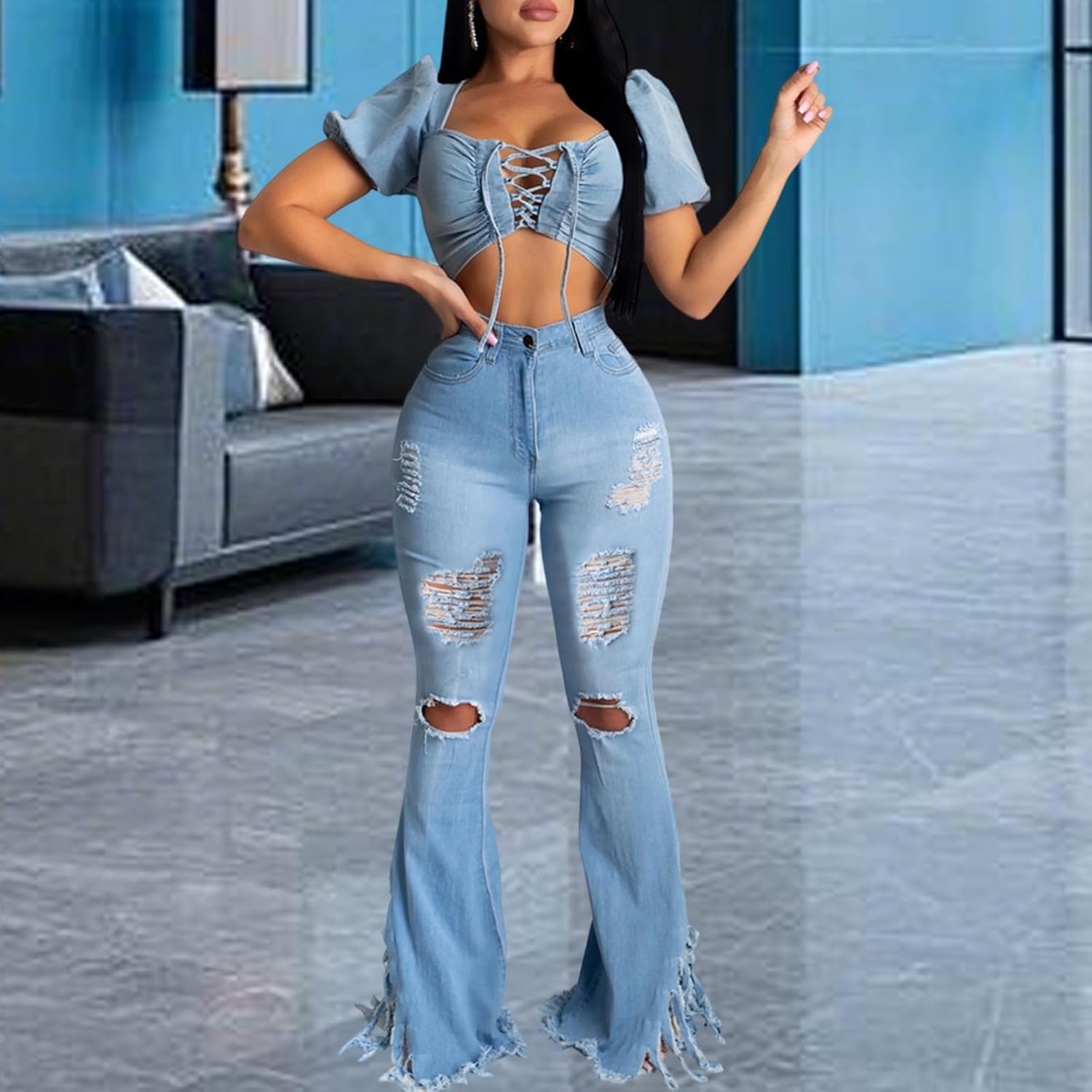 70s Bell Bottom Jeans for Women Elastic High Waisted Raw Hem Denim Pants Classic Vintage Flared Jeans - Image 5