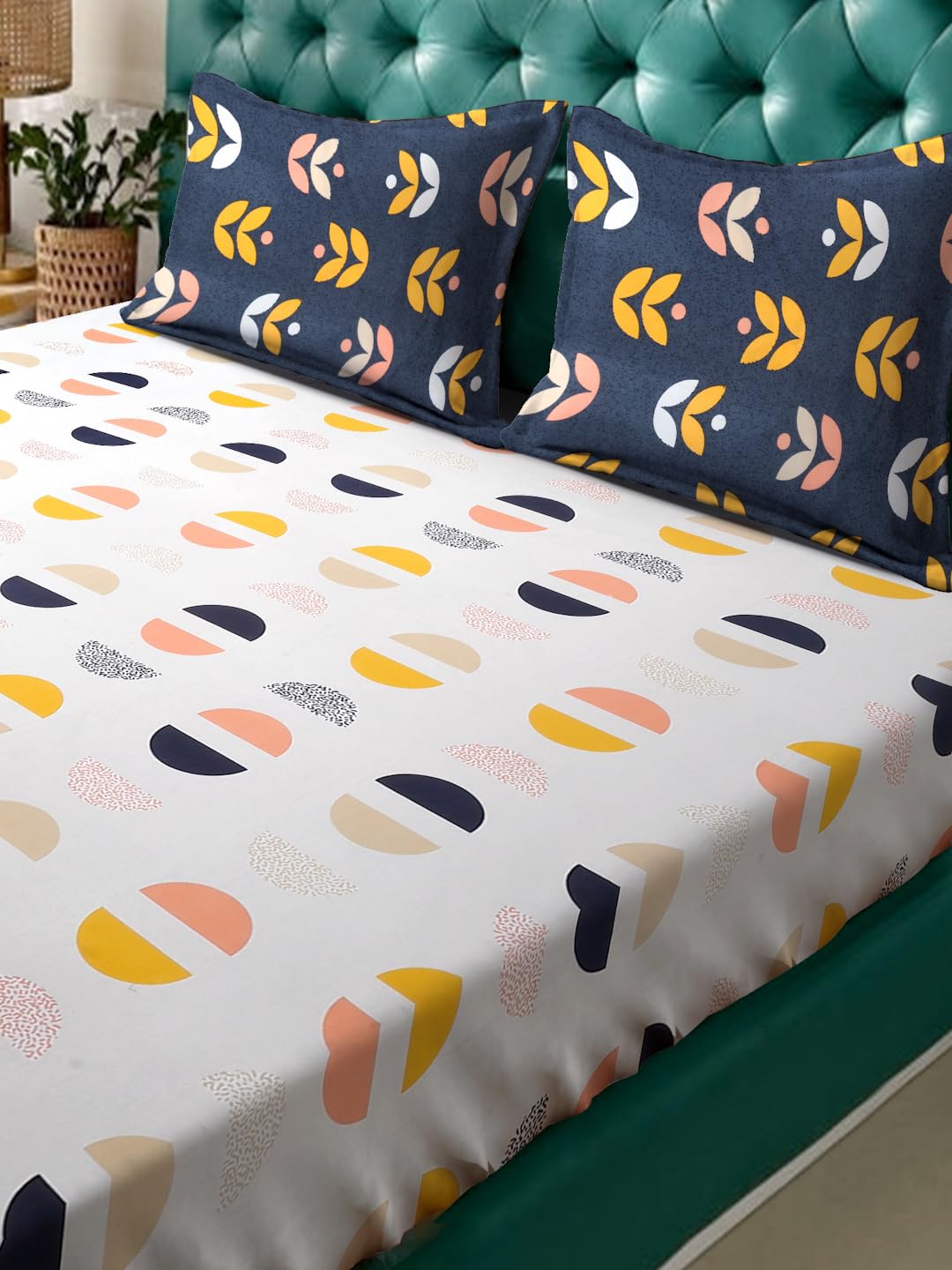 Klotthe White Geometric 300 TC Cotton Blend Double Bedsheet in Book Fold Packing 1