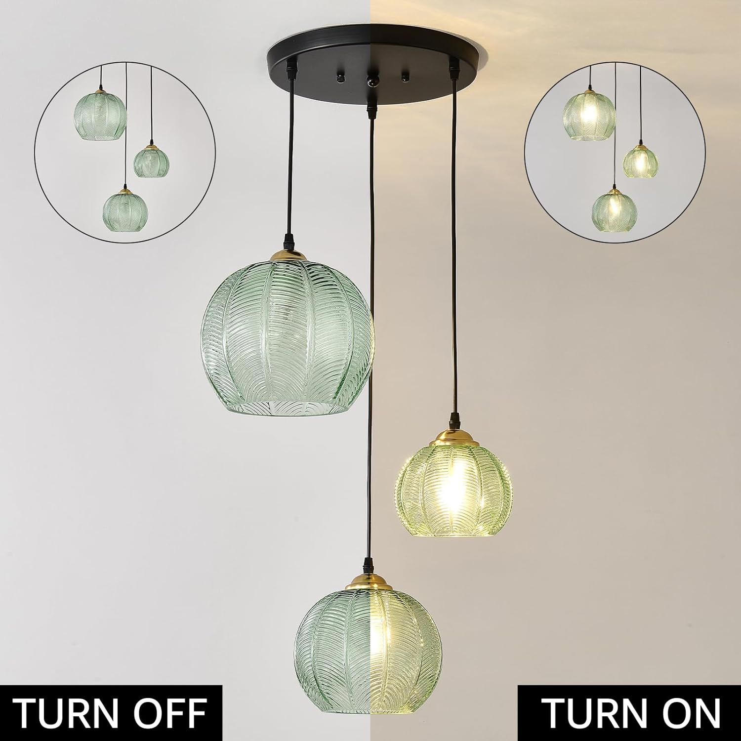 3-Light Glass Globe Light for Kitchen Island, Mid-Century Modern Pendant Ball Chandelier with Green Ribbed Lampshade, Vintage Hanging Ceiling Light Fixture for Dining Room, Over Sink, Table