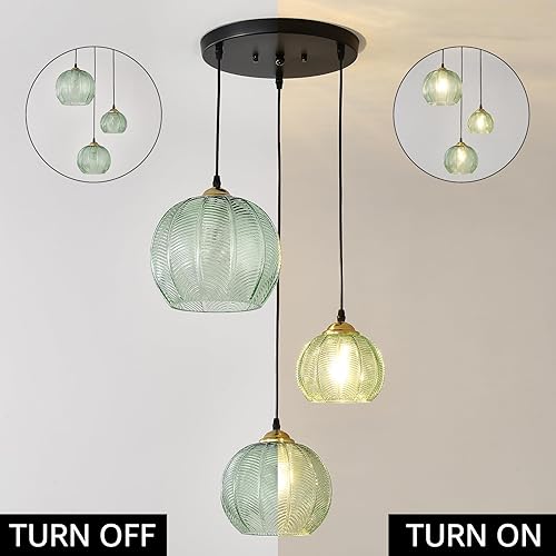 Miniatura 5 de Lámpara colgante de 3 luces con forma de globo de cristal para isla de cocina, lámpara colgante moderna de mediados de siglo con acanalado verde,