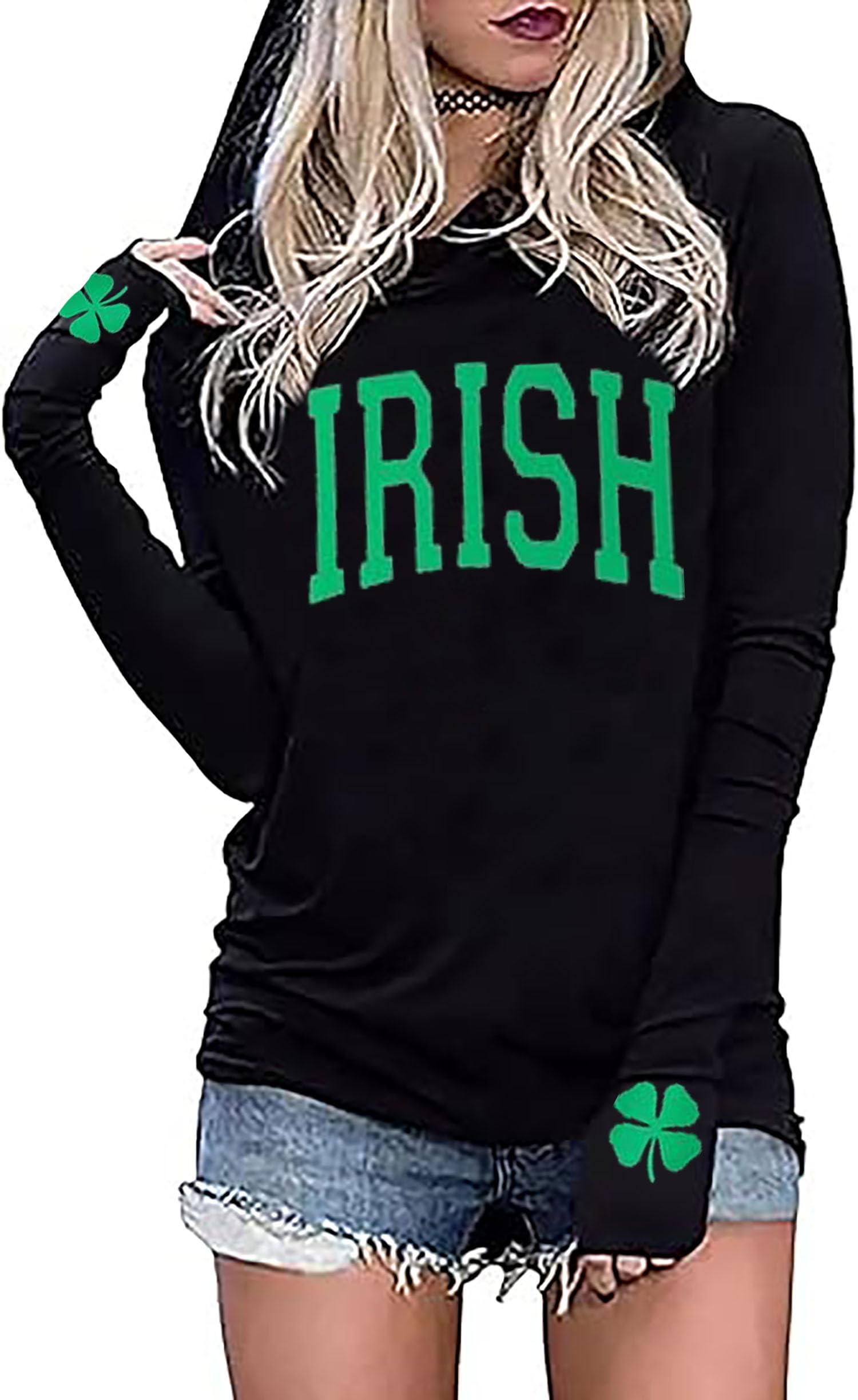 nitrfla St Patrick's Day Hoodie Shirts for Women Shamrock Clover Print Shirt Irish Gift Long Sleeve Pullover Tops-picture-15