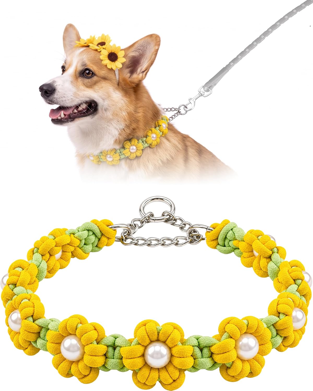 Boho Daisy Paracord Dog Collar, Handmade Flower & Pearl Pet Necklace (Yellow Daisy, M(12"-16"))