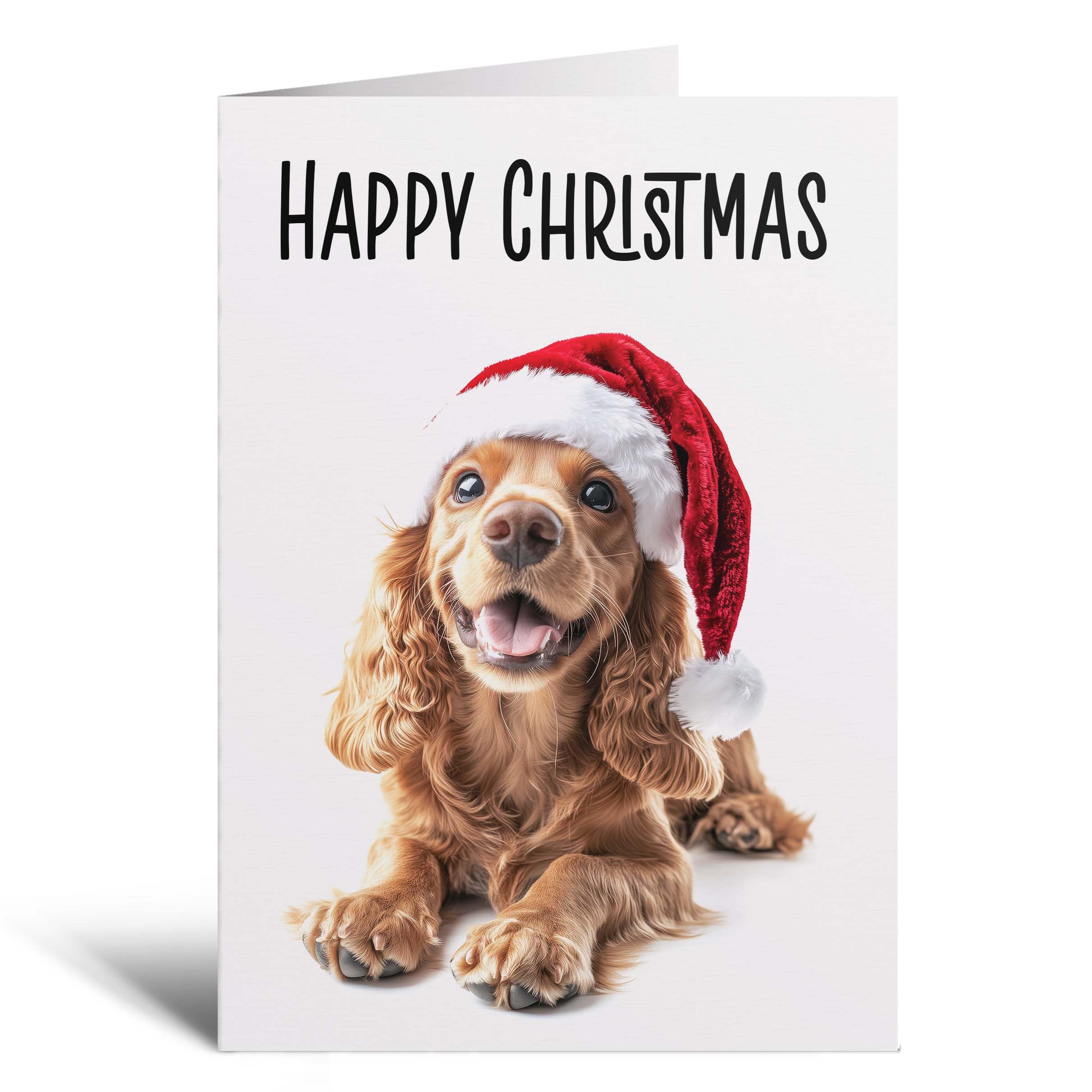 Postcard Prints - Fun Christmas Card of a Red Cocker Spaniel Dog Wearing A Santa Hat Whimsical Christmas Card For Animal Lover For Him or Her - 5 Cards