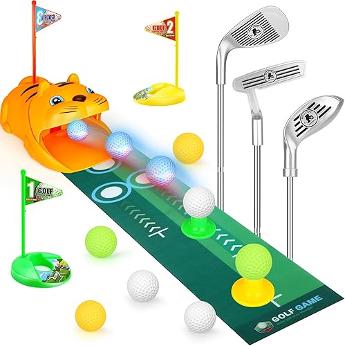 Juego de golf de juguete mejorado para niños con tigre para niños de 3 a 8 años, juego de palos de golf para niños pequeños, retorno de golf